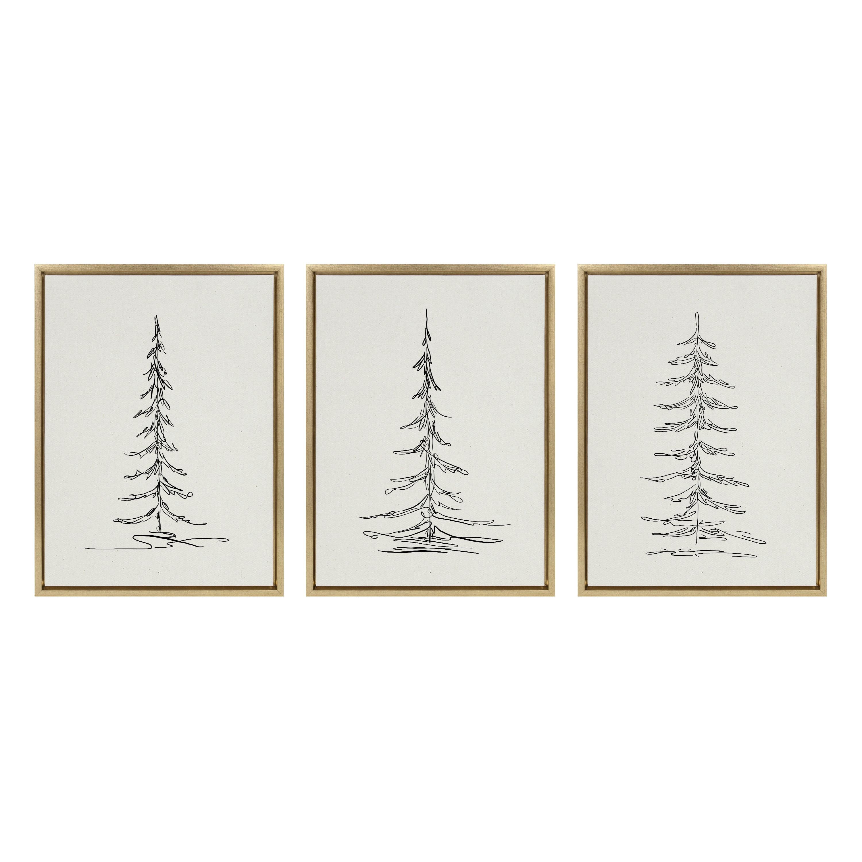 Minimalist Evergreen Trees Gold Framed Canvas Wall Art Set