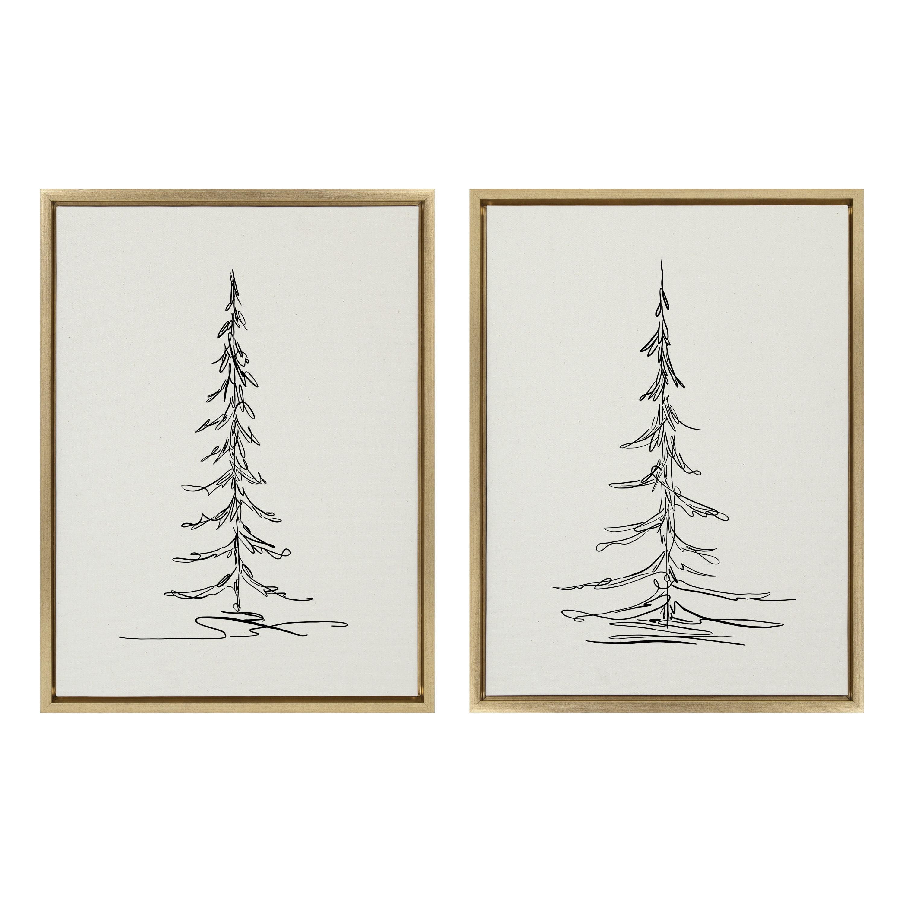 Kate and Laurel Sylvie Minimalist Evergreen Trees Sketch Framed Canvas Wall Art Set by The Creative Bunch Studio, 2 Piece 18x24 Bright Gold, Minimal Christmas Tree Sketch Art