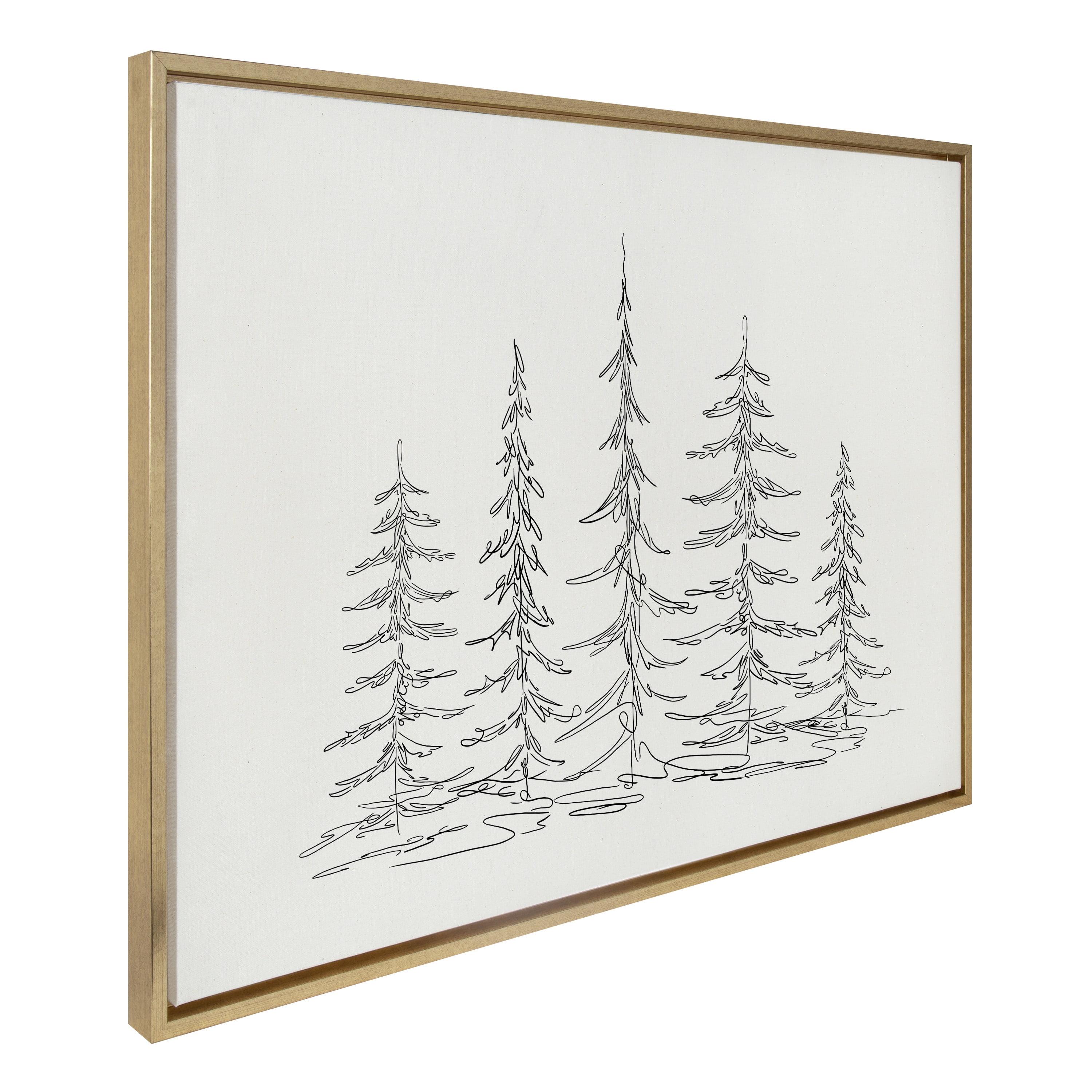 Minimalist Evergreen Trees Sketch Gold Framed Canvas Wall Art, 28x38