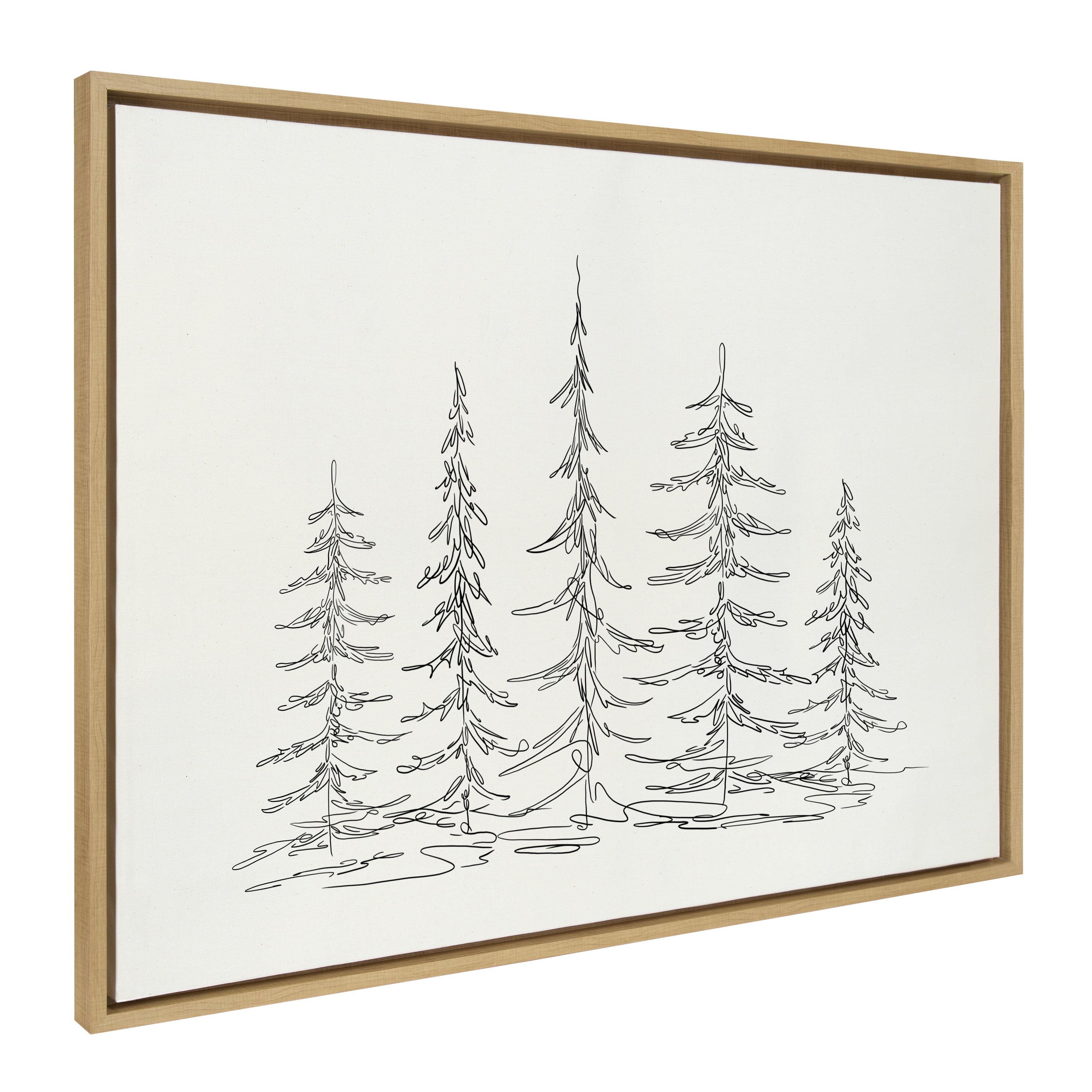 Minimalist Evergreen Trees Sketch Natural Framed Canvas Wall Art, 28x38