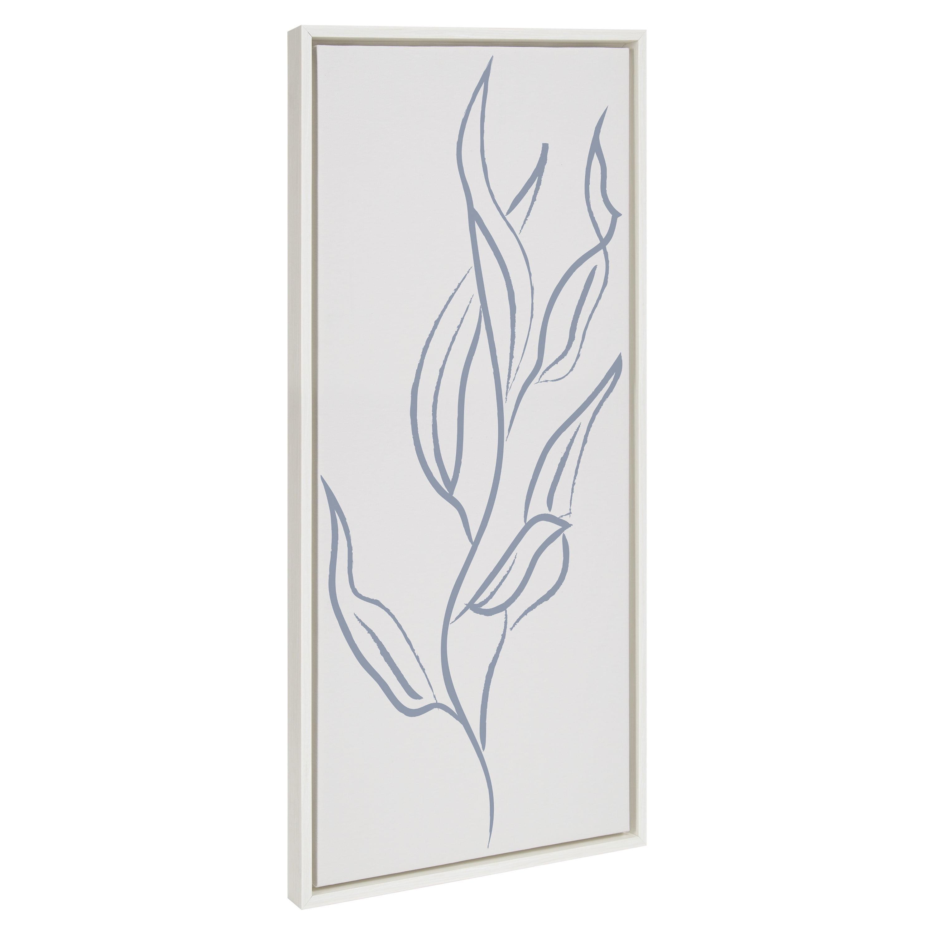 Muted Botanical Light Blue and Beige Framed Canvas Wall Art, 18x40