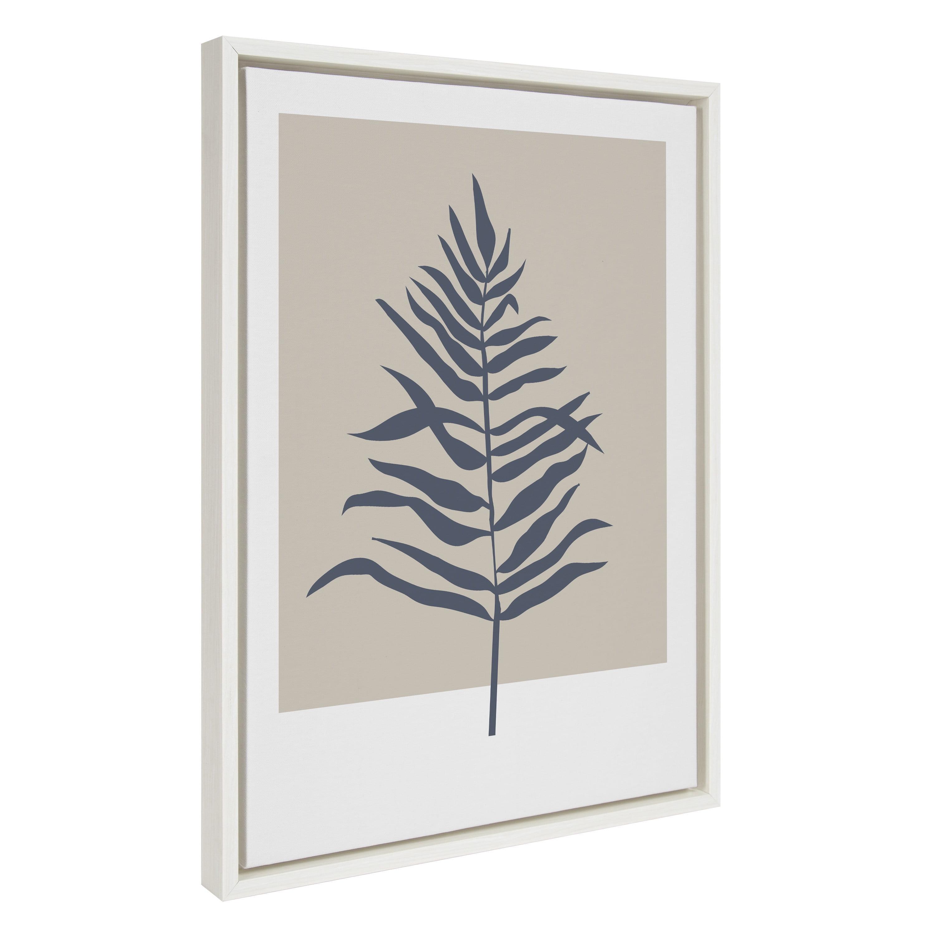 Kate and Laurel Sylvie Muted Tan and Blue Colorblock Botanical Fern Framed Canvas Wall Art by The Creative Bunch Studio, 18x24 White, Decorative Simple Plant Art for Wall