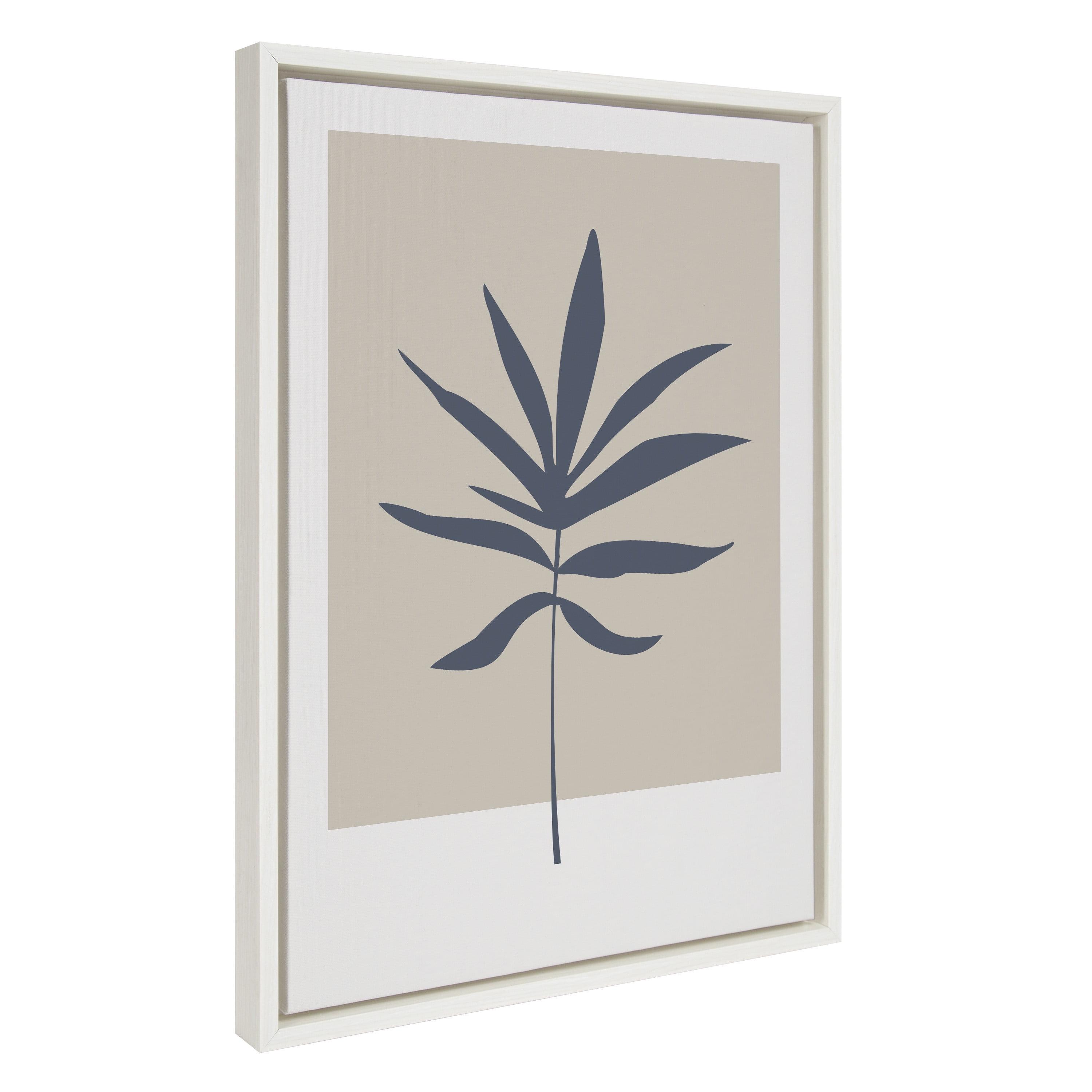 Kate and Laurel Sylvie Muted Tan and Blue Colorblock Botanical Leaf Framed Canvas Wall Art by The Creative Bunch Studio, 18x24 White, Simple Modern Botanical Wall Decor Art