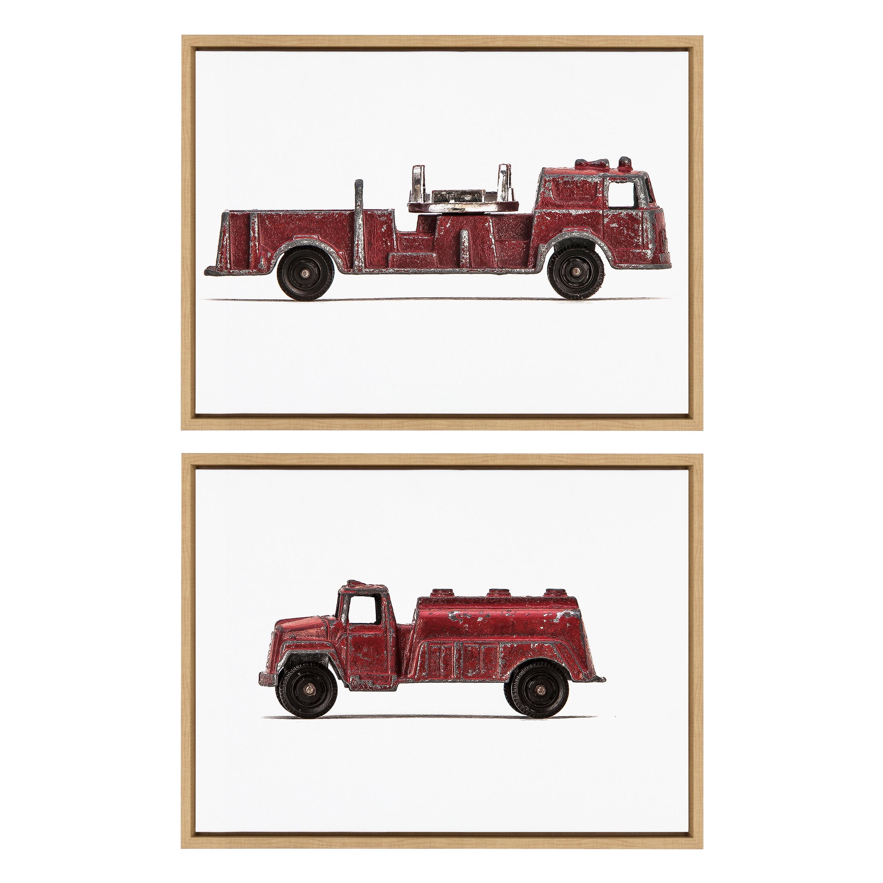 Kate and Laurel Sylvie Red Vintage Toy Fire Engine and Red Vintage Toy Water Truck Framed Canvas Wall Art Set by Saint and Sailor Studios, 2 Piece 18x24 Natural, Retro Kid Vehicle Art for Wall