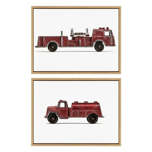 Kate and Laurel Sylvie Red Vintage Toy Fire Engine and Red Vintage Toy Water Truck Framed Canvas Wall Art Set by Saint and Sailor Studios, 2 Piece 18x24 Natural, Retro Kid Vehicle Art for Wall