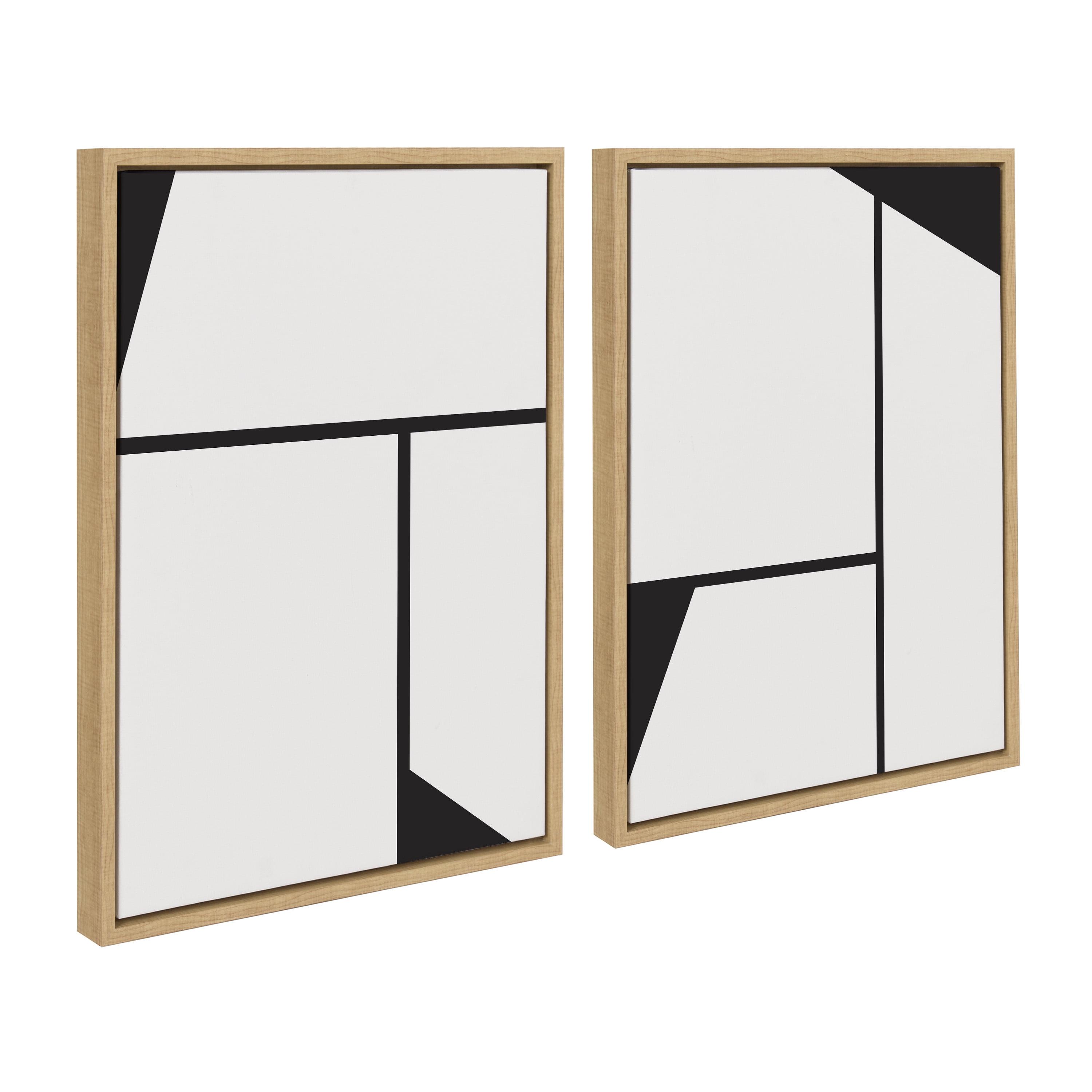 Minimalist Black and White Abstract Canvas Art Set with Natural Frame