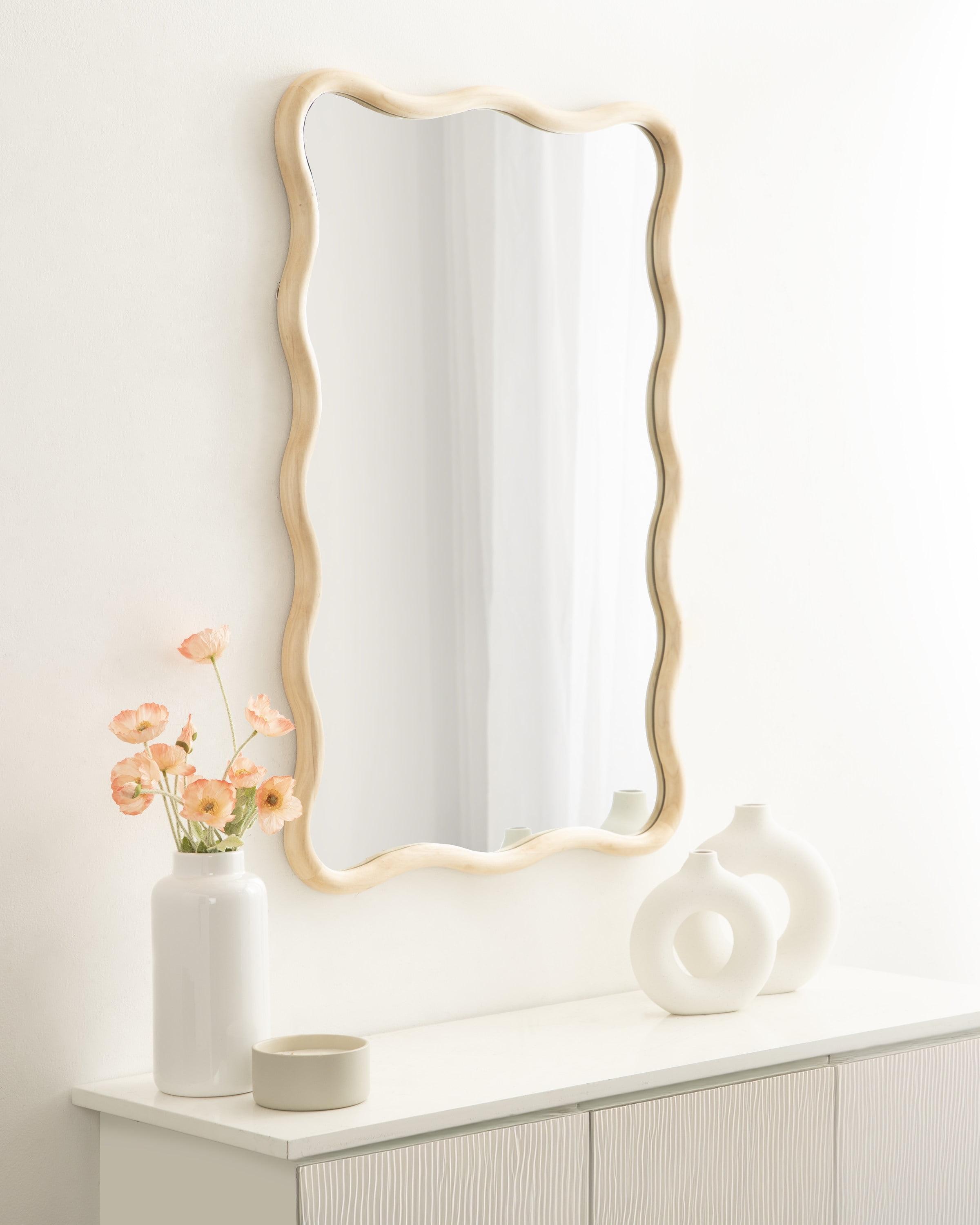 Natural Wood Scalloped Rectangular Vanity Wall Mirror 24x36