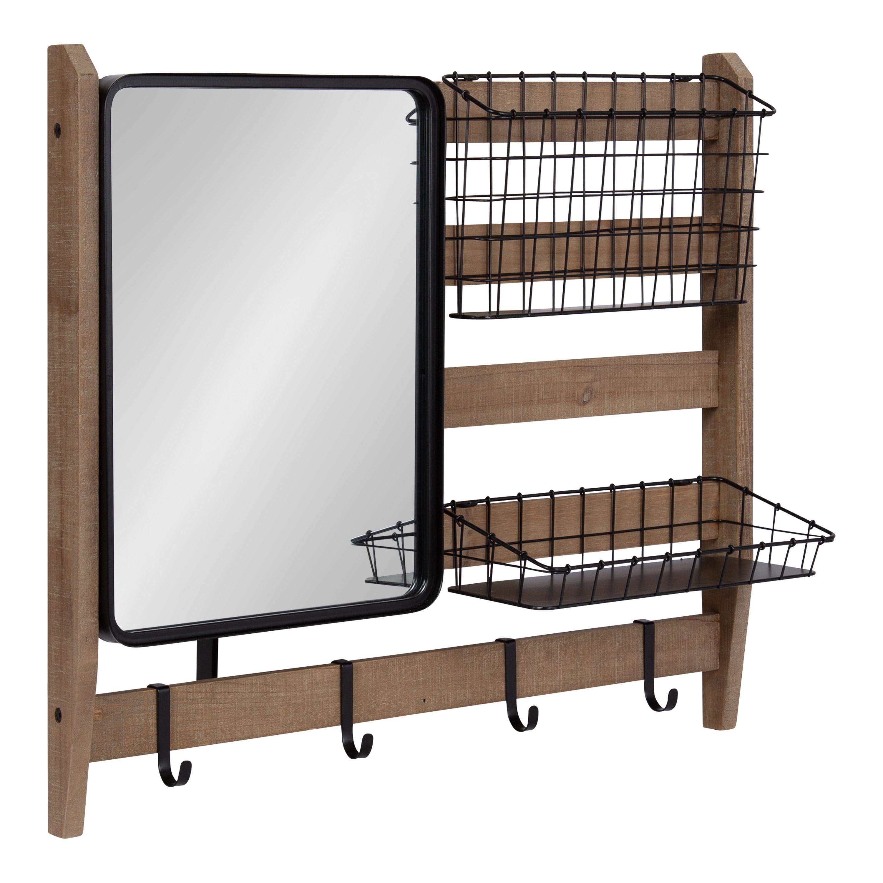 Rustic Brown Wall Organizer with Mirror and Hooks