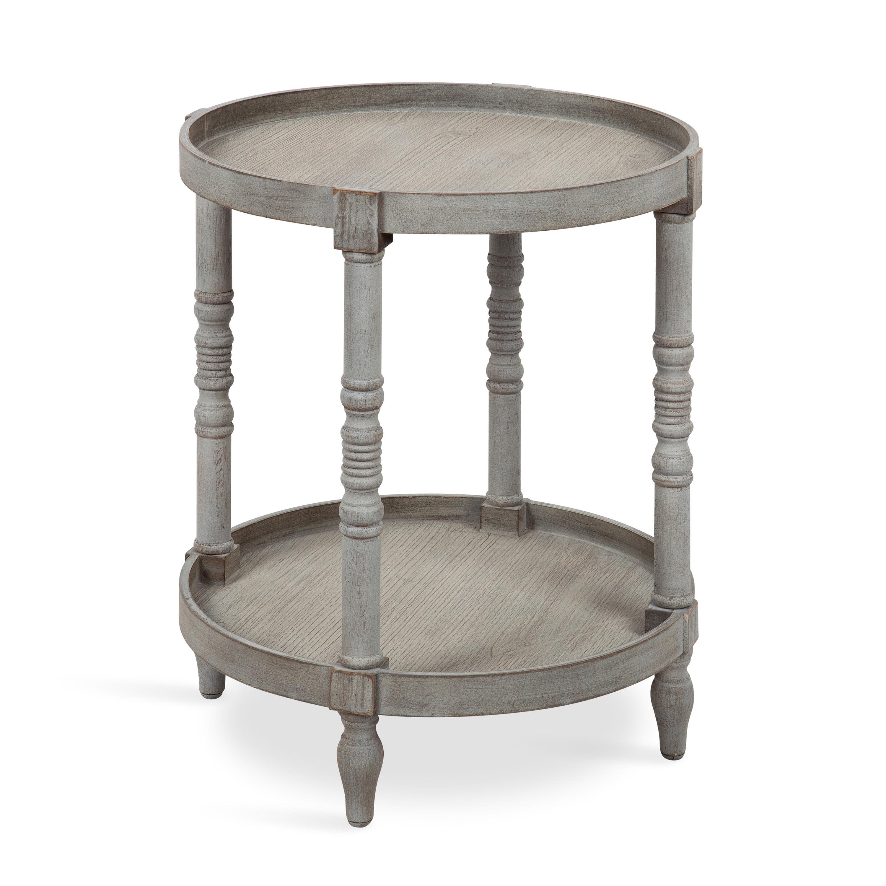 Bellport Classic Round Wood Side Table with Lower Shelf, Distressed Gray