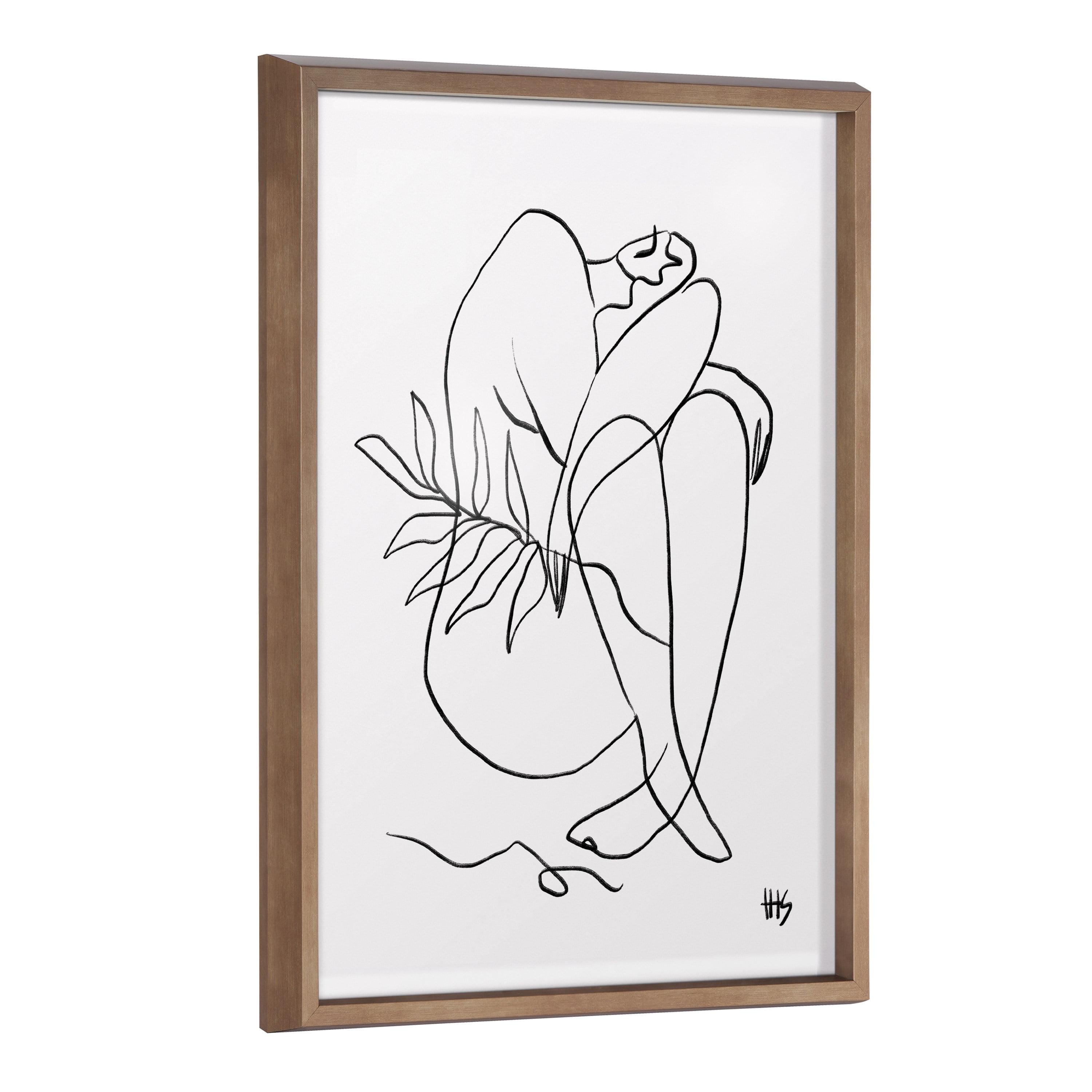 Modern Black Line Drawing on White Canvas with Brown Frame