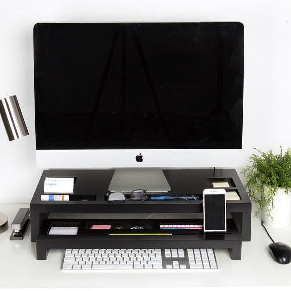 Black Wood Desktop Monitor Stand with Organizer Slots