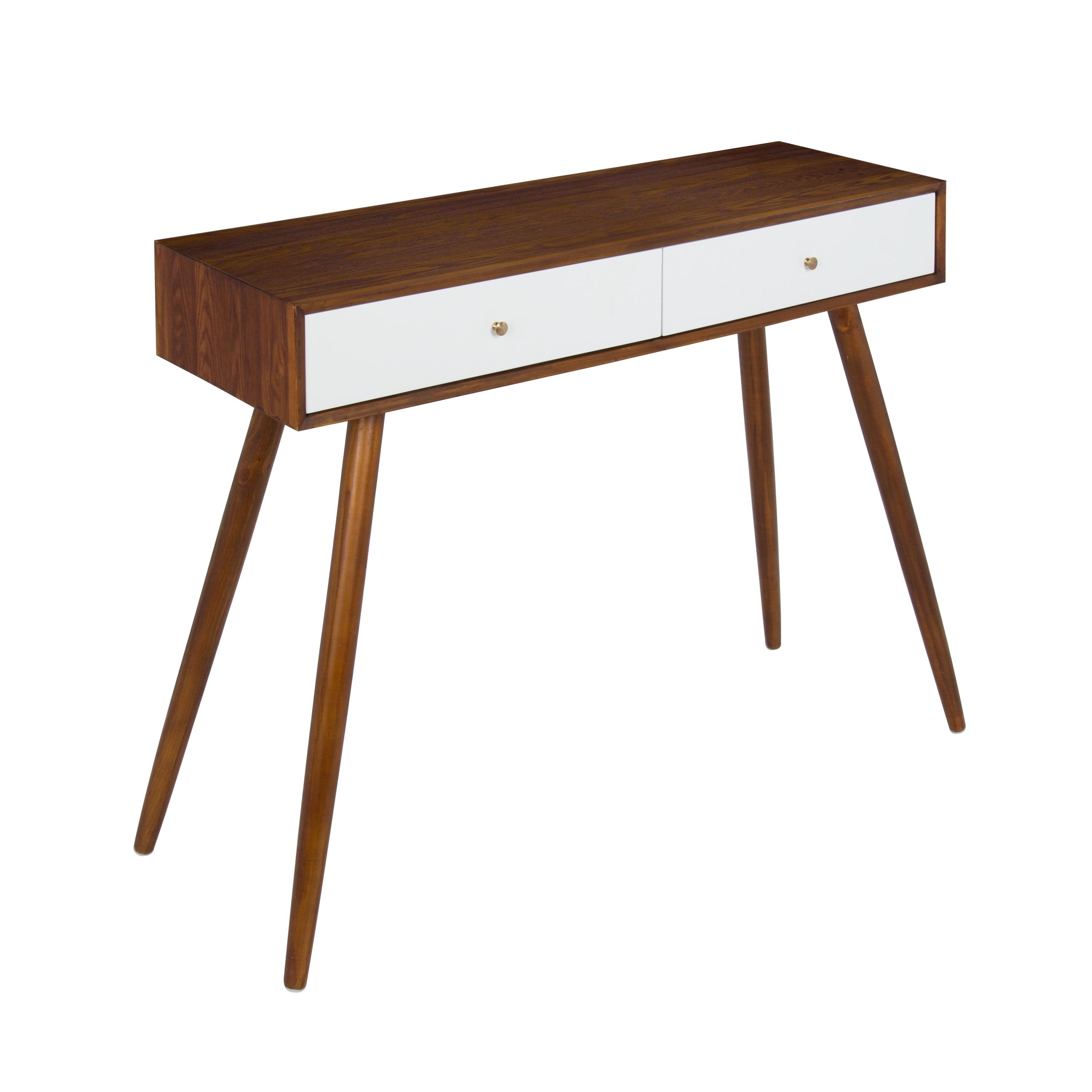 Kate and Laurel Finco Midcentury Modern Style 2 Drawer Console Table, Walnut Brown and White Finish with Brass Hardware