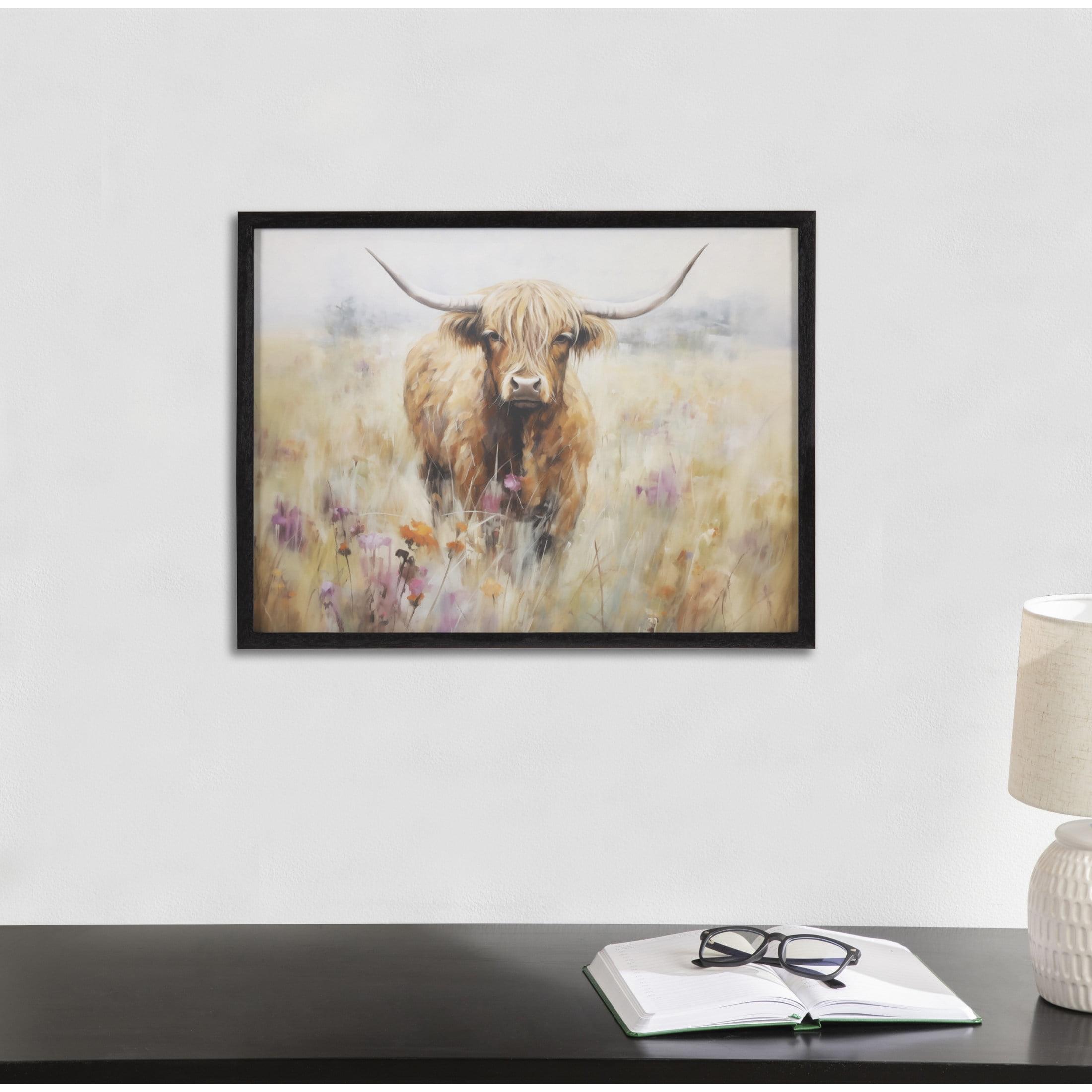 Kate & Laurel All Things Decor 16"x12" Gallery Highland Cow in a Flower Field Landscape Print by The Creative Bunch Studio Black