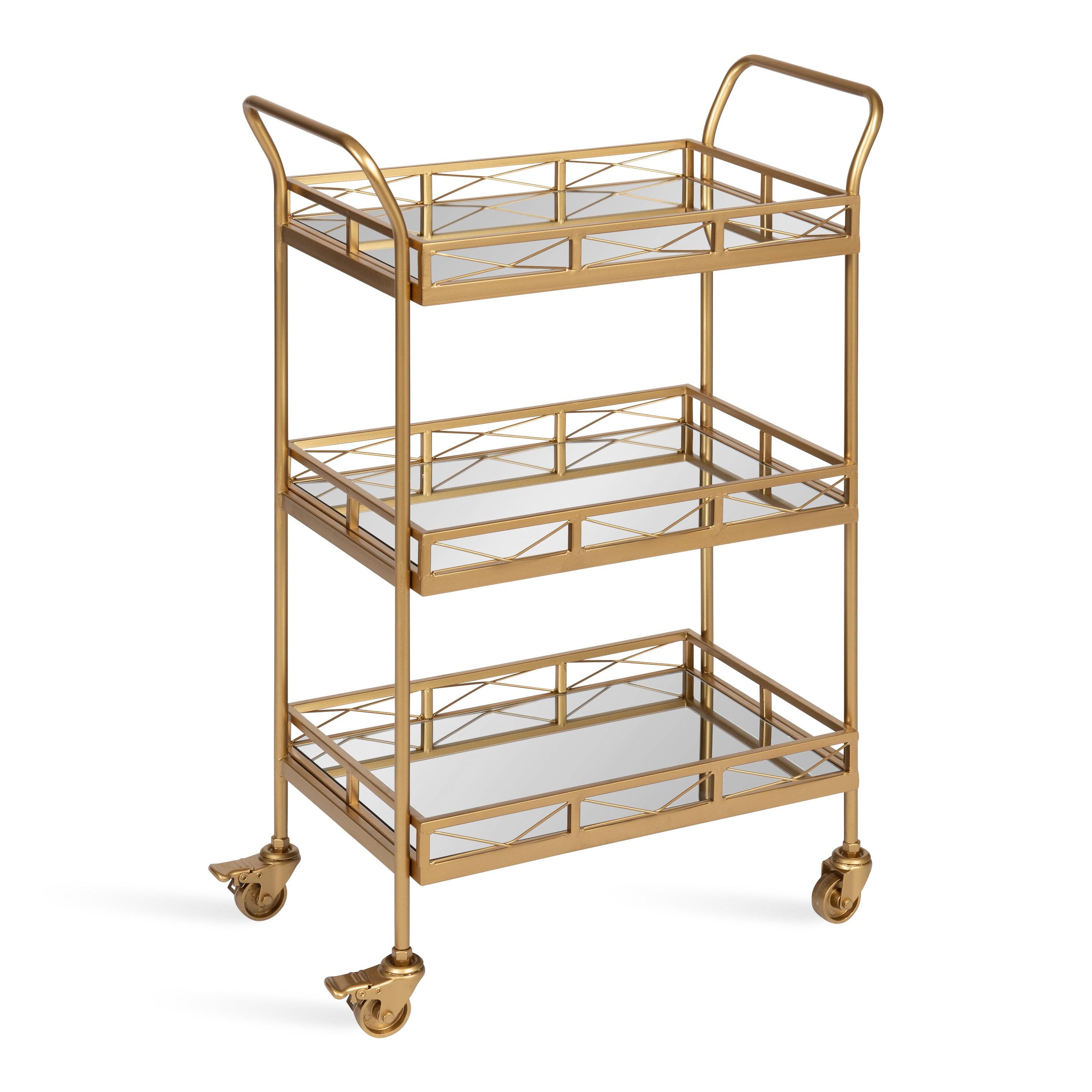 Elegant Gold Metal Tray Bar Cart with Mirrored Shelves