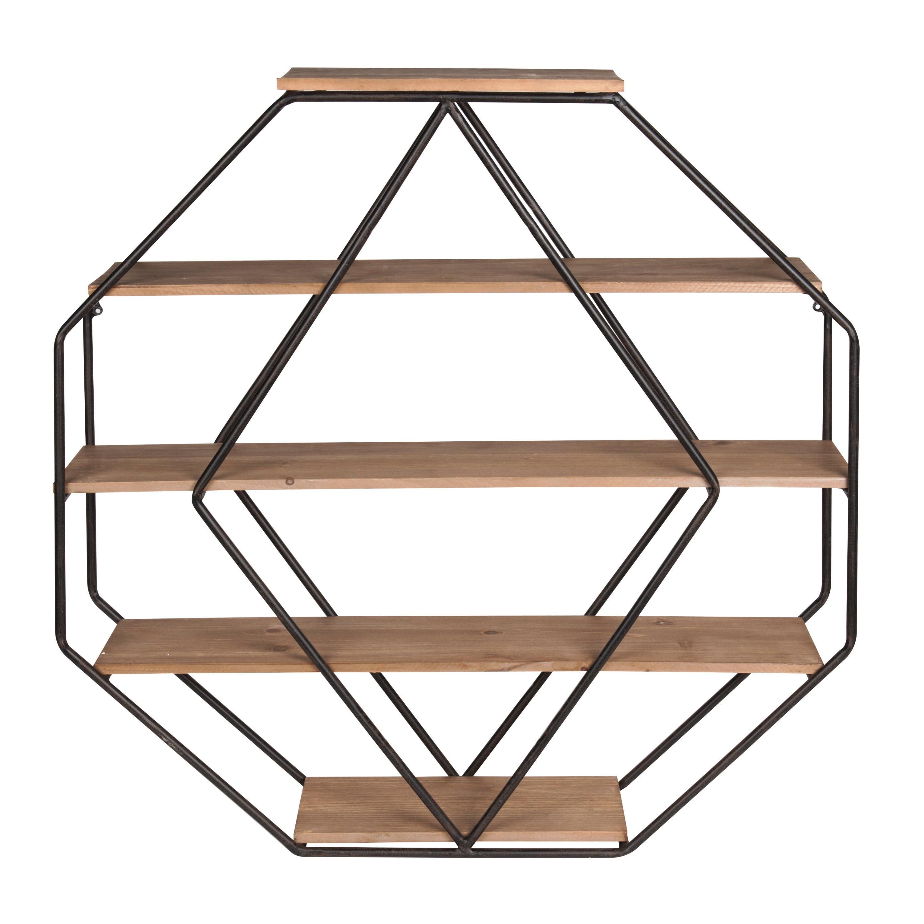 Rustic Brown Walnut & Black Metal Octagon Floating Wall Shelf