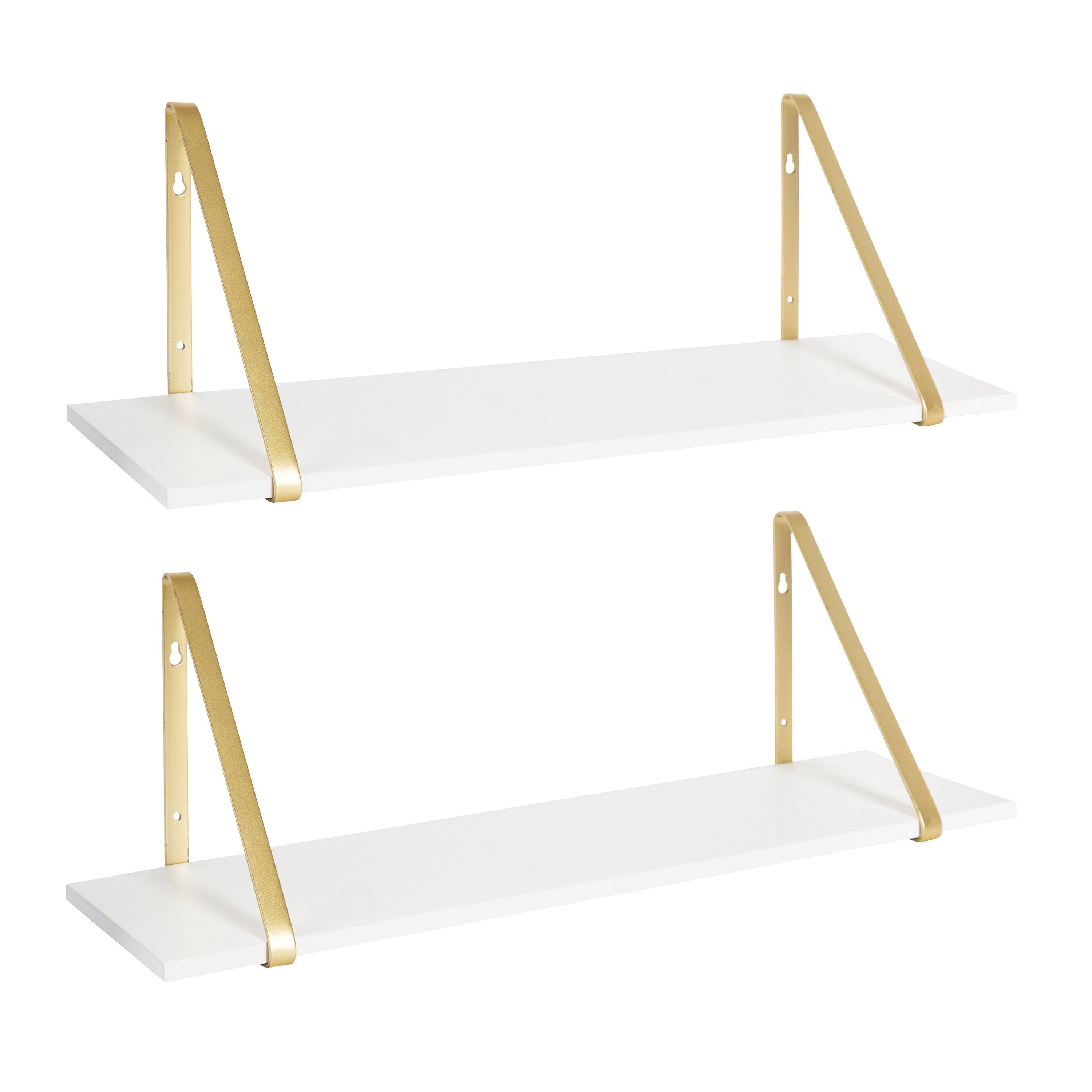 Kate and Laurel Soloman White Wooden Shelves with Gold Metal Brackets, 2 Piece Set