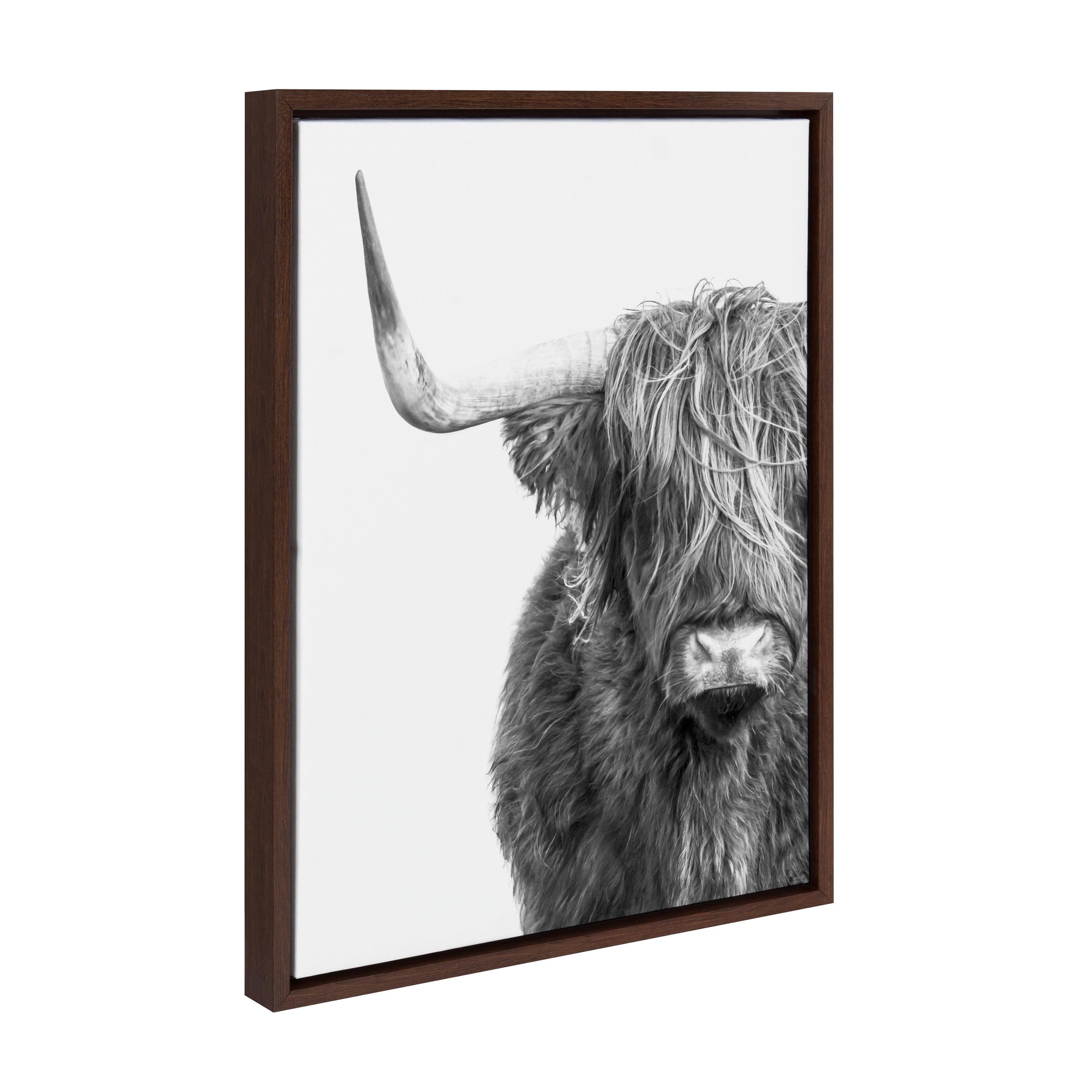Kate and Laurel Sylvie B&W Highland Cow No. 1 Framed Canvas Wall Art by Amy Peterson Art Studio, 18x24 Brown, Black and White Animal Portrait Art