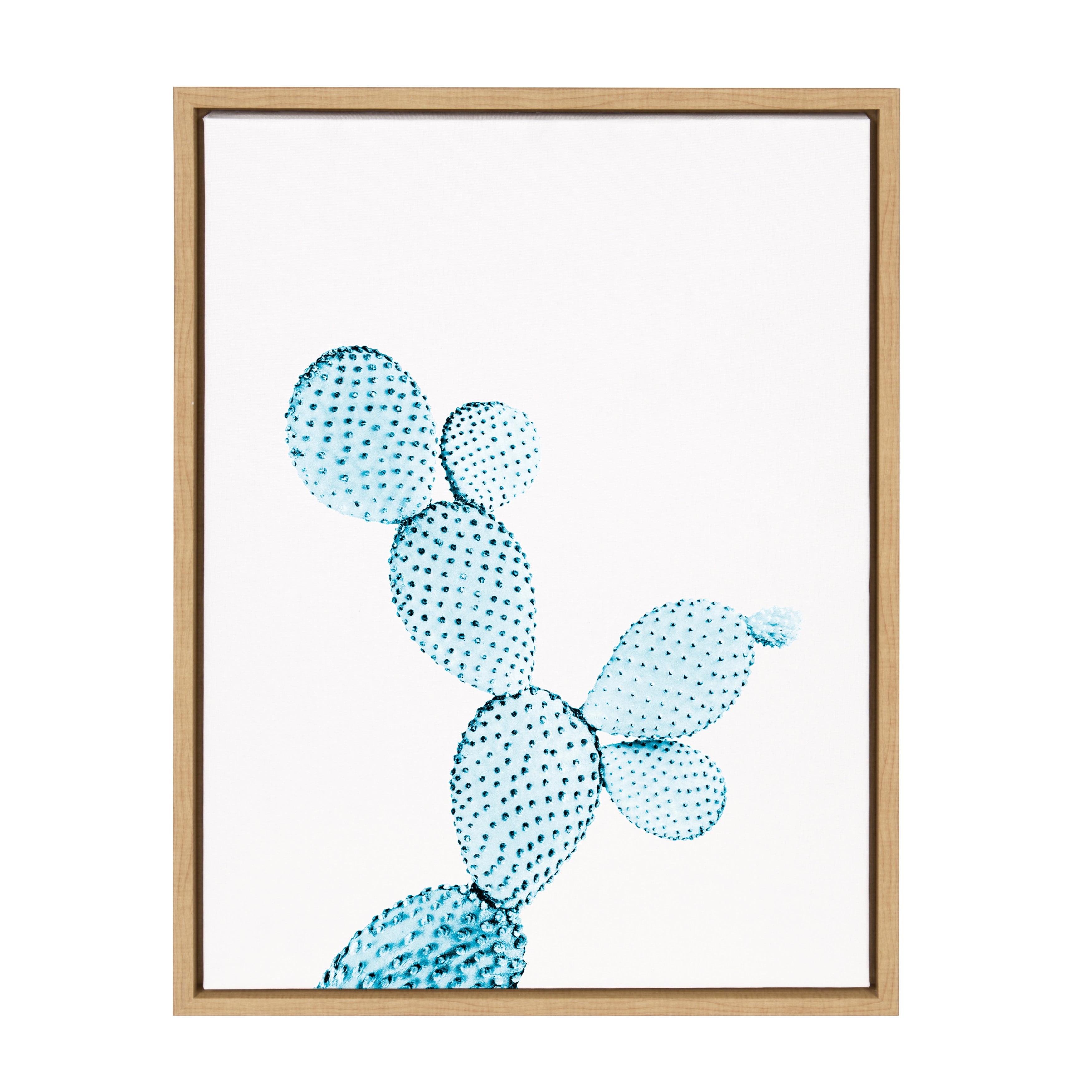 Blue Cactus Framed Canvas Wall Art, 18x24, Natural Wood