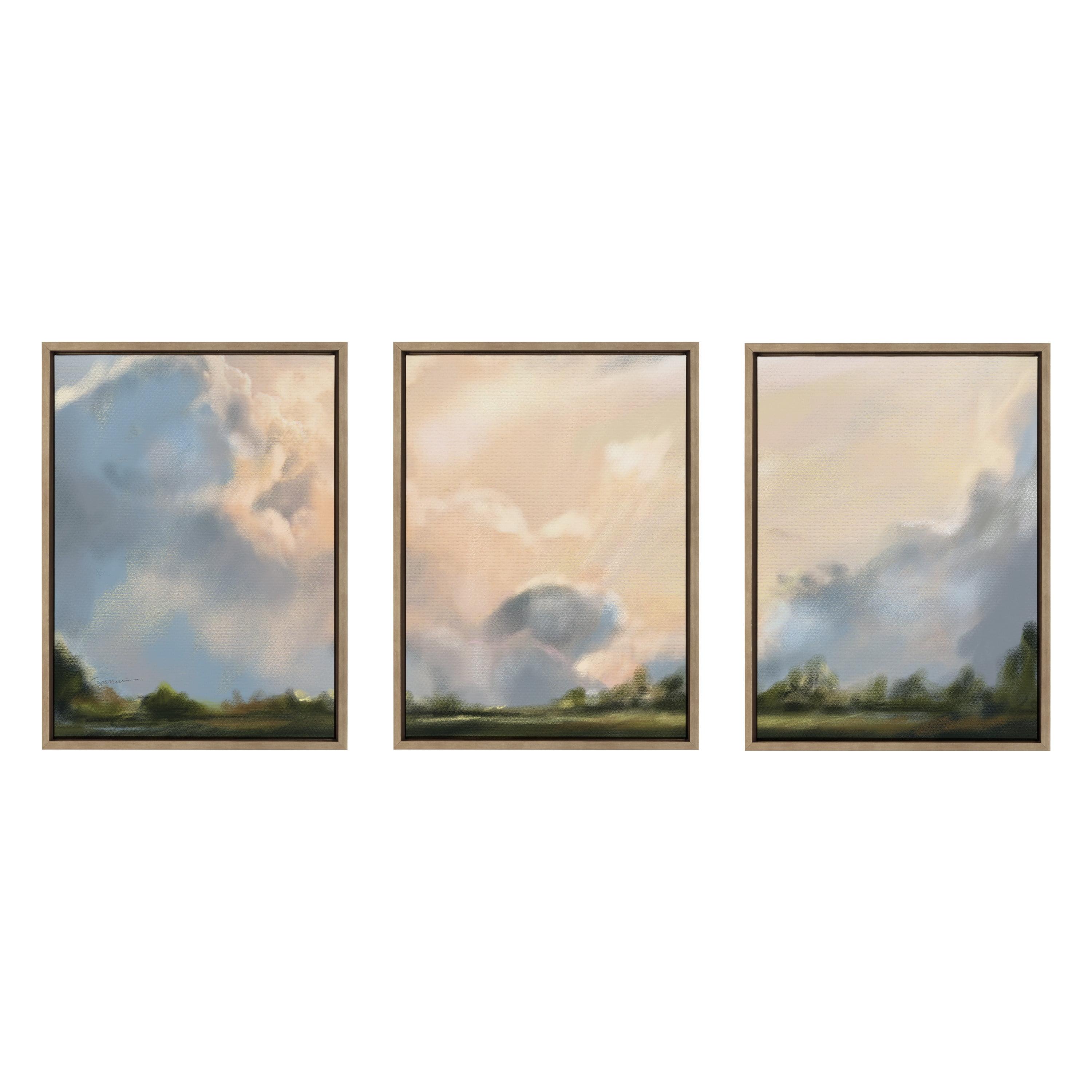 Kate & Laurel All Things Decor (Set of 3) Sylvie Clouds Triptych Framed Canvas Wall Art Set by Mary Sparrow Gold: Modern Vertical Digital Art