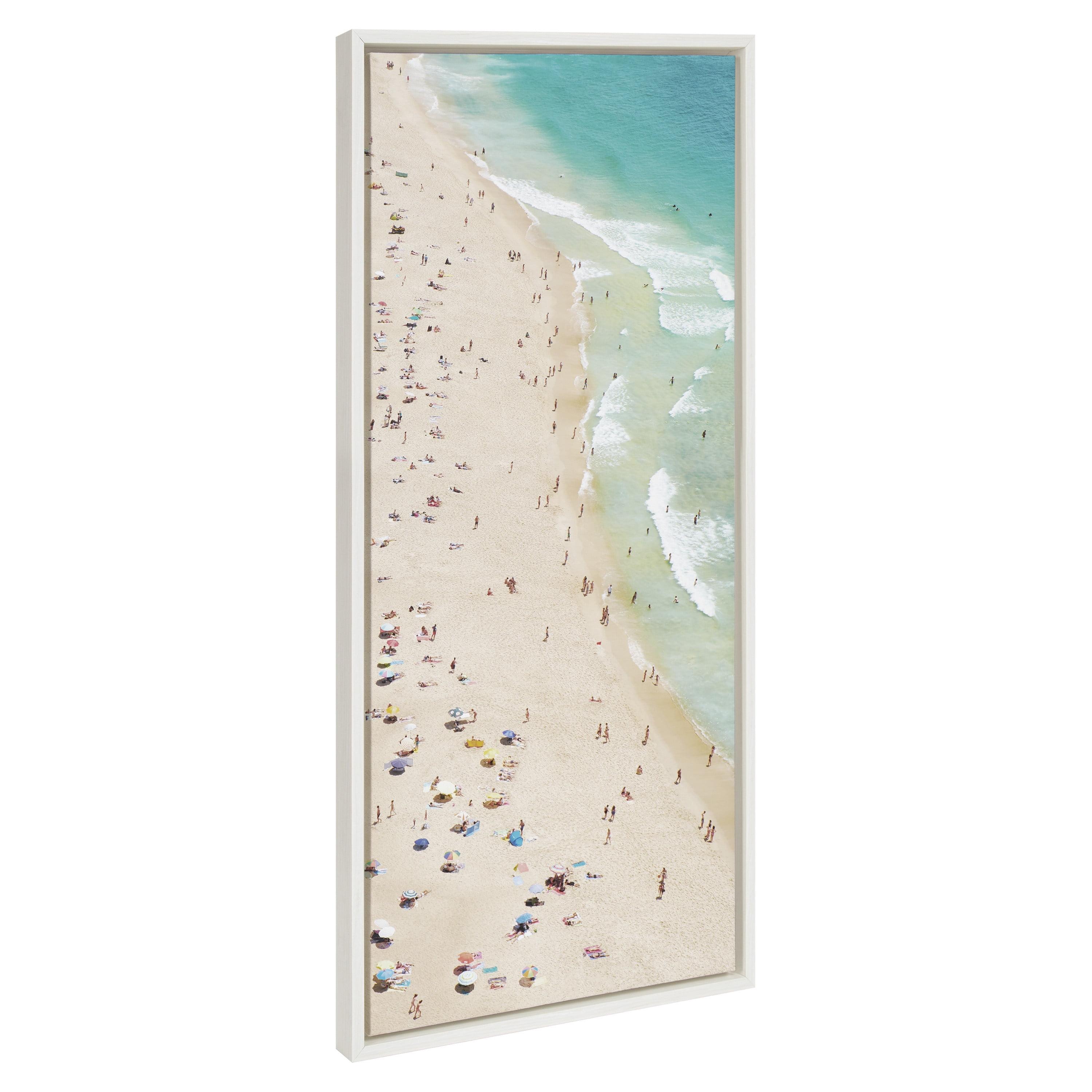 Crowded Beach Aerial View Coastal Canvas Wall Art, 18x40, White Frame