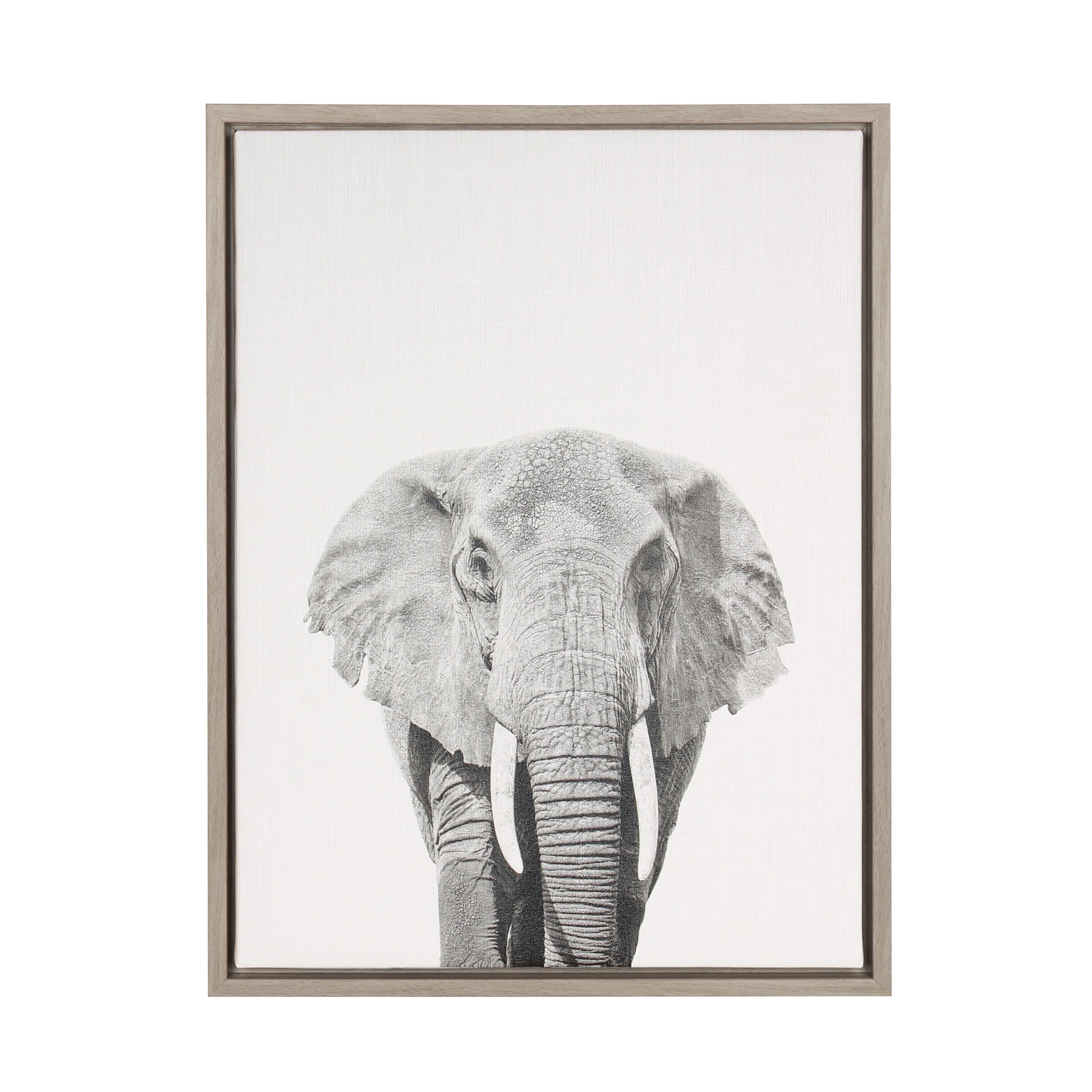 Gray Framed Black and White Elephant Canvas Wall Art