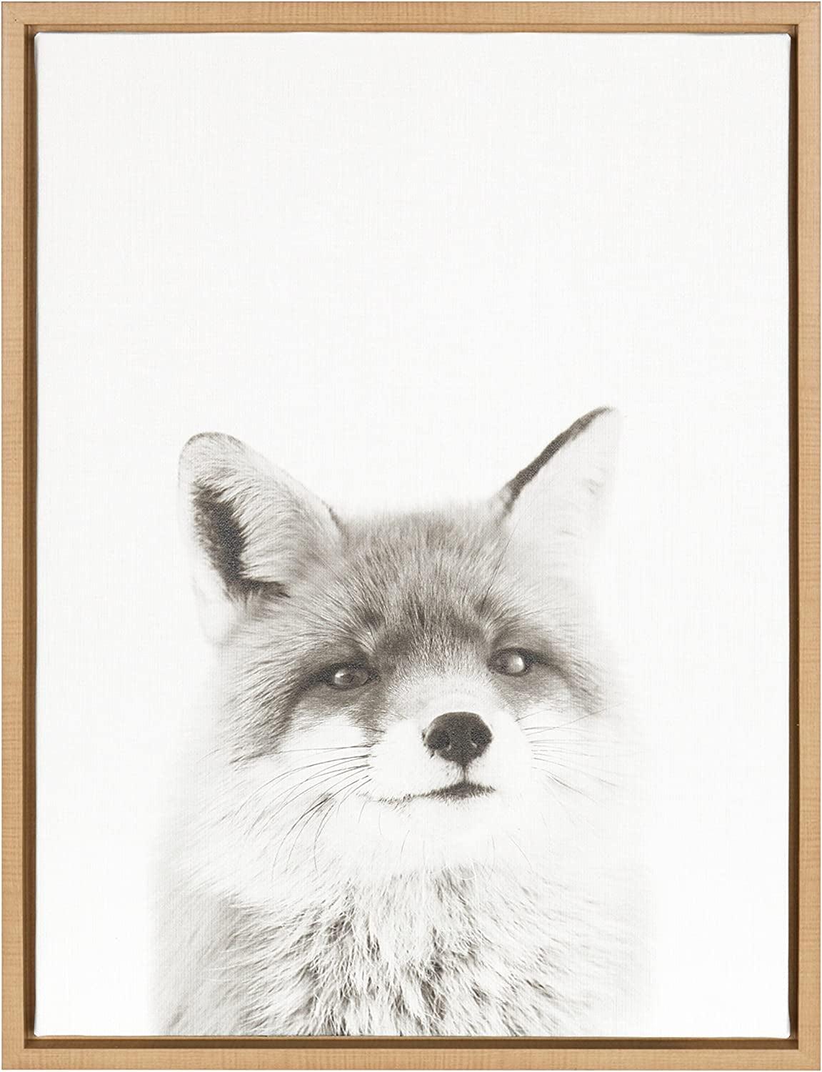 Natural Framed Black and White Fox Canvas Print for Kids