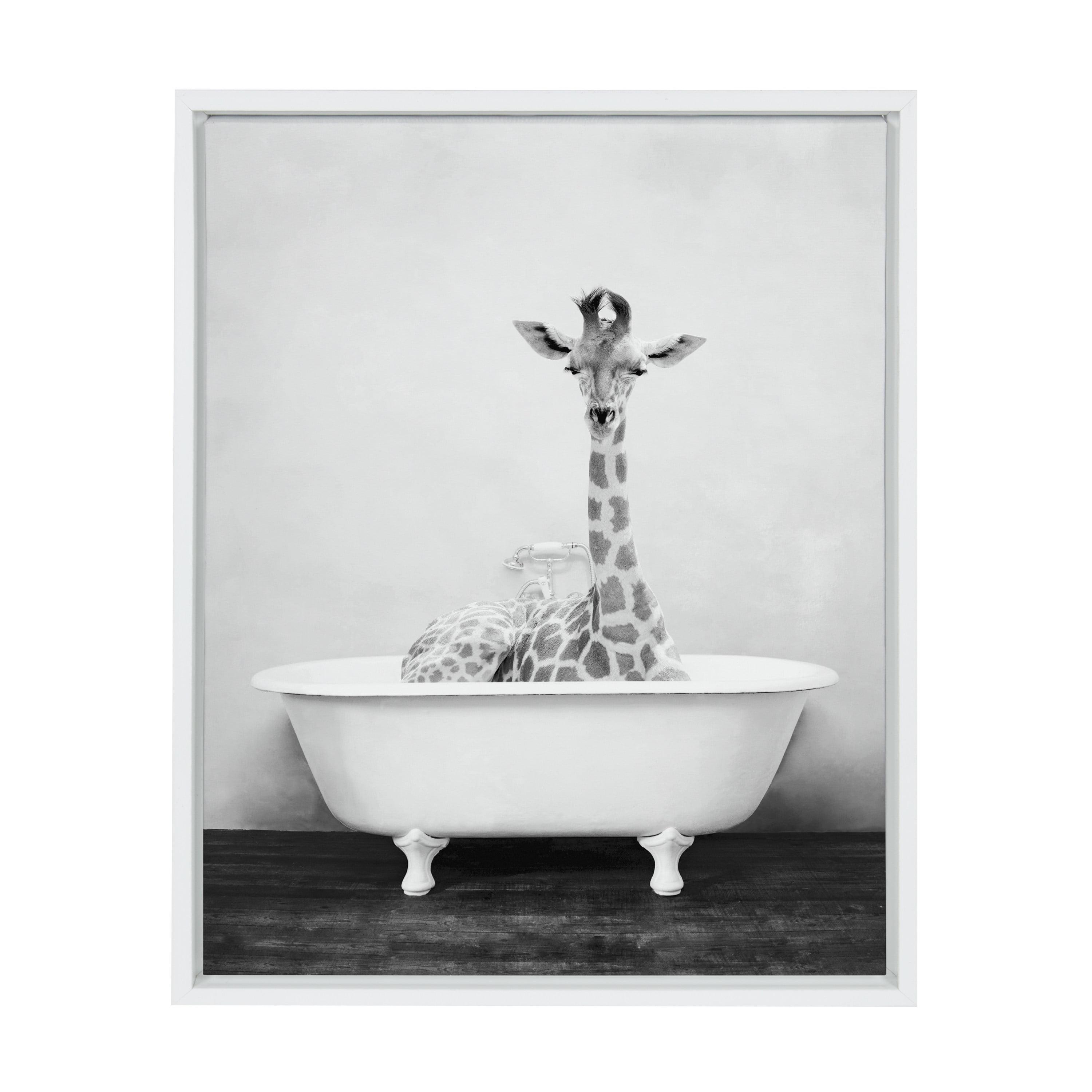 Whimsical Giraffe in Tub Framed Canvas Wall Art