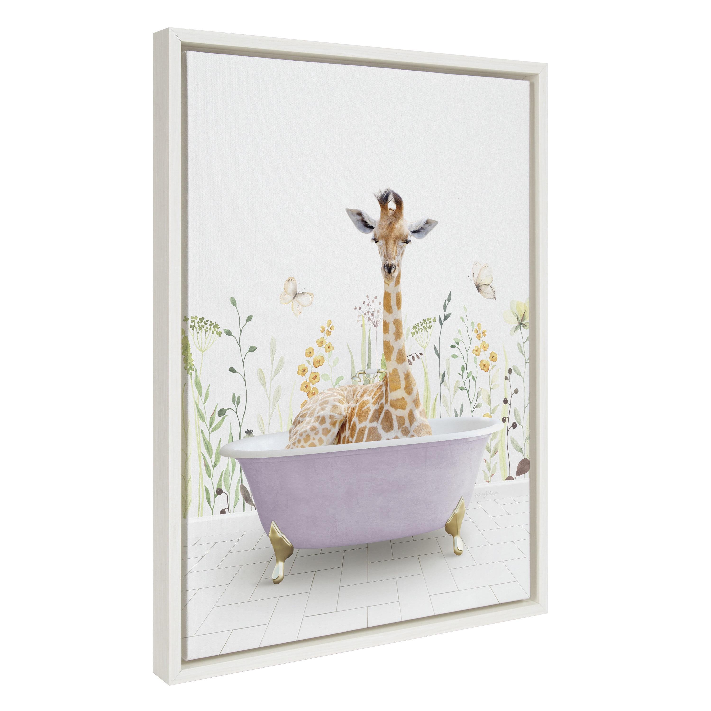 Kate and Laurel Sylvie Giraffe In Spring Bath Framed Canvas by Amy Peterson Art Studio, 18x24, White