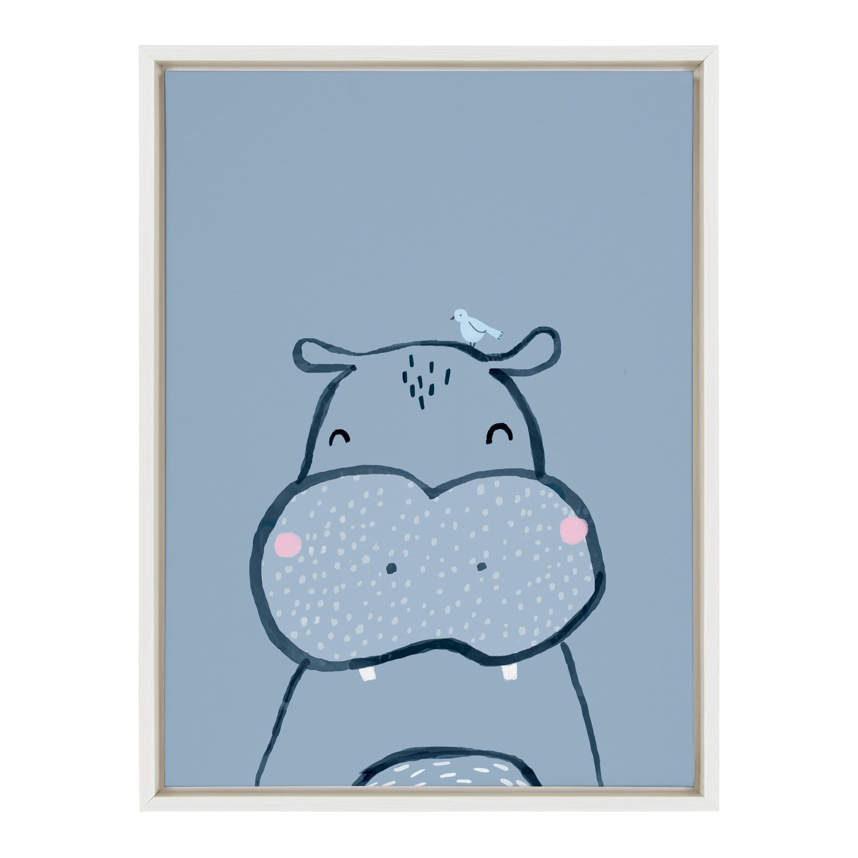 Kate and Laurel Sylvie Inky Hippo Framed Canvas by Lauradidthis, 18x24, White