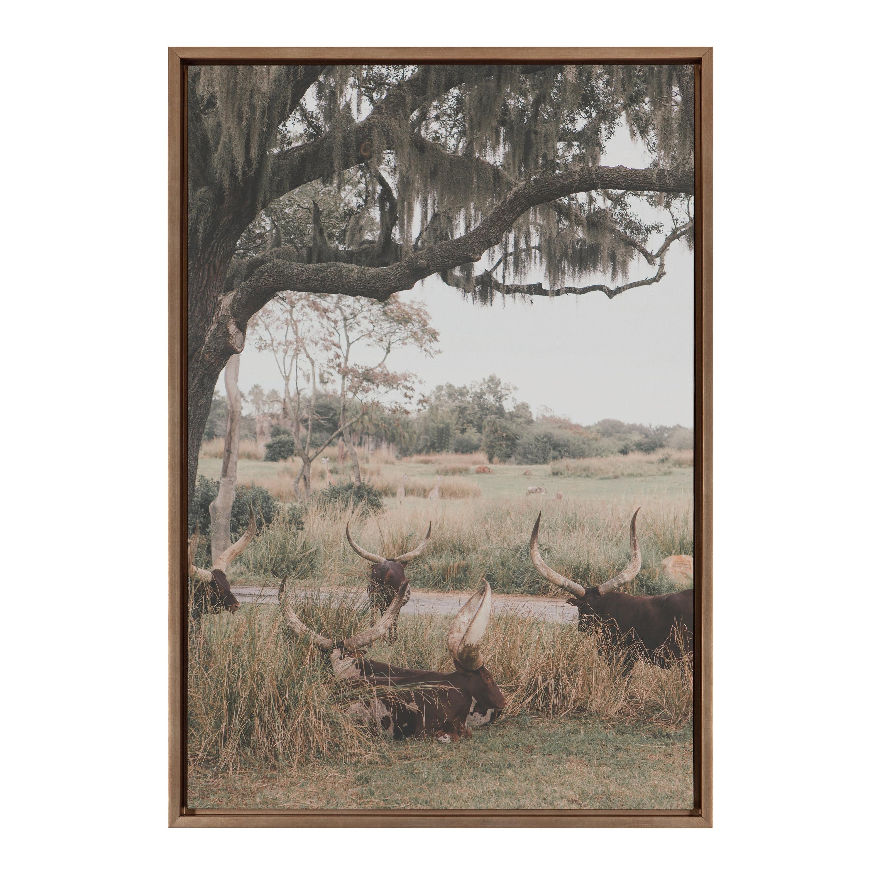 Kate & Laurel All Things Decor 23"x33" Sylvie Longhorns Framed Canvas by Alicia Abla Gold: Vertical Digital Art, Farmhouse Style