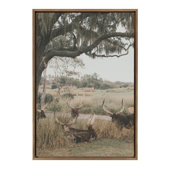 Kate & Laurel All Things Decor 23"x33" Sylvie Longhorns Framed Canvas by Alicia Abla Gold: Vertical Digital Art, Farmhouse Style