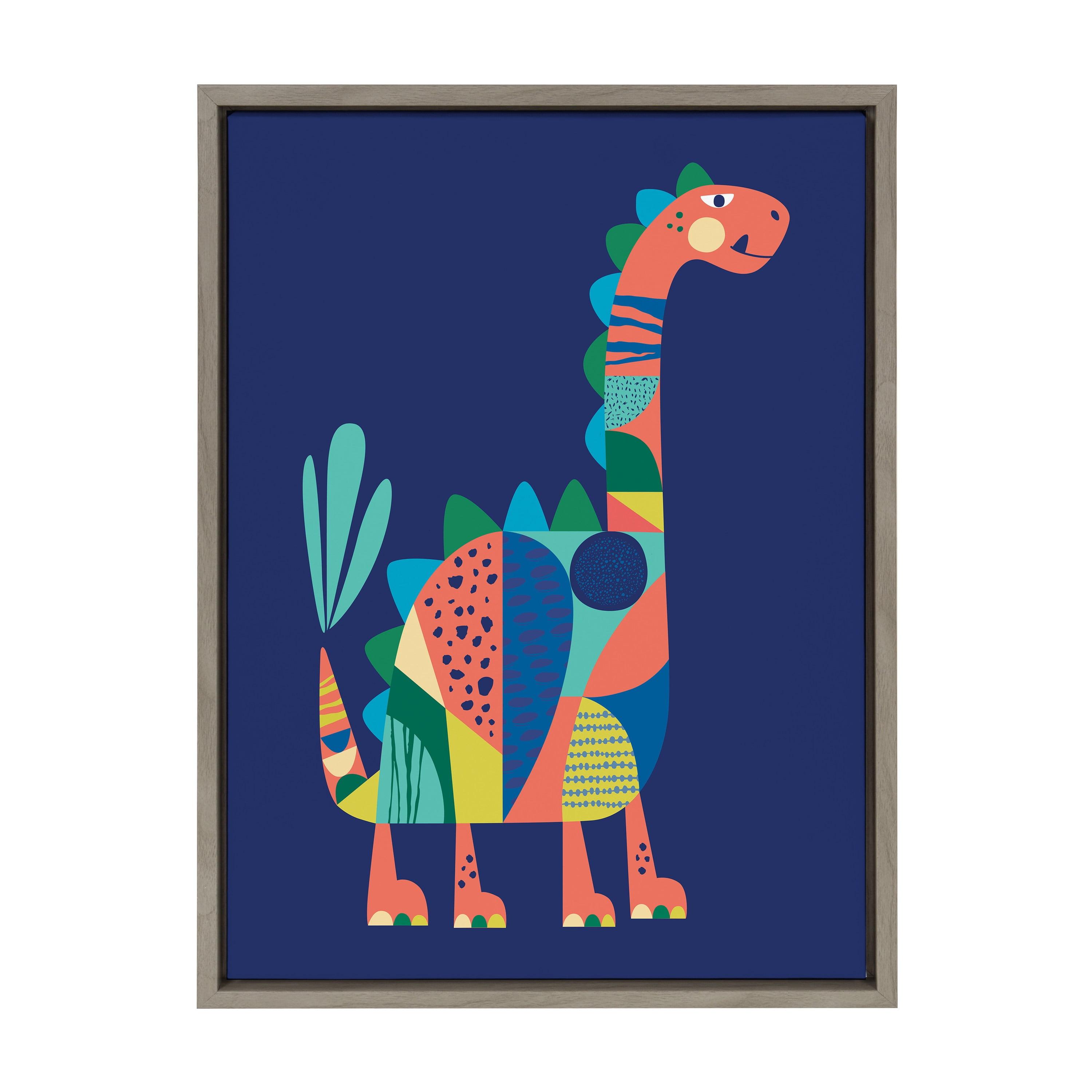 Kate and Laurel Sylvie Mid Century Modern Dino Blue Framed Canvas by Rachel Lee of My Dream Wall, 18x24, Gray