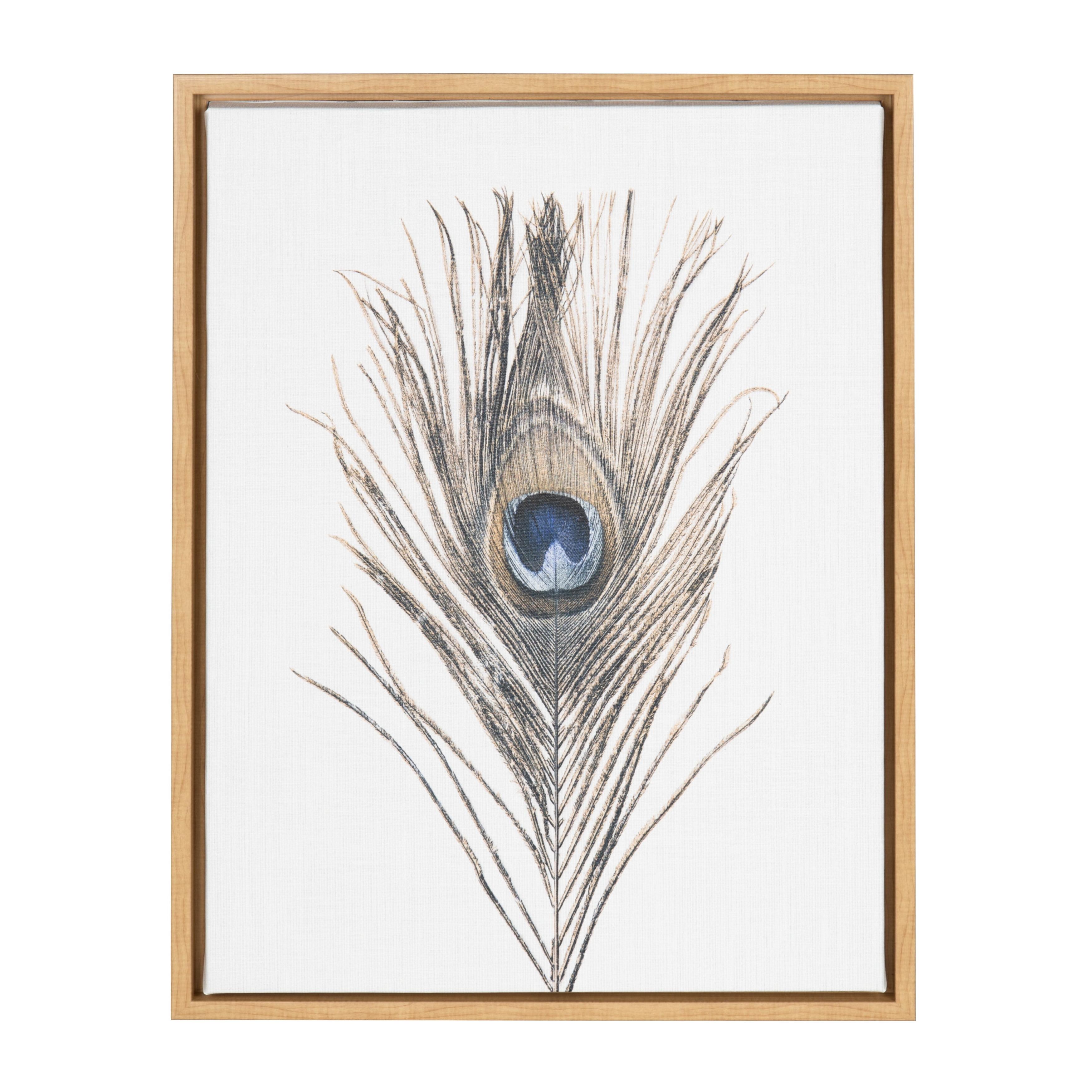 Natural Wood Framed Peacock Feather Canvas Wall Art