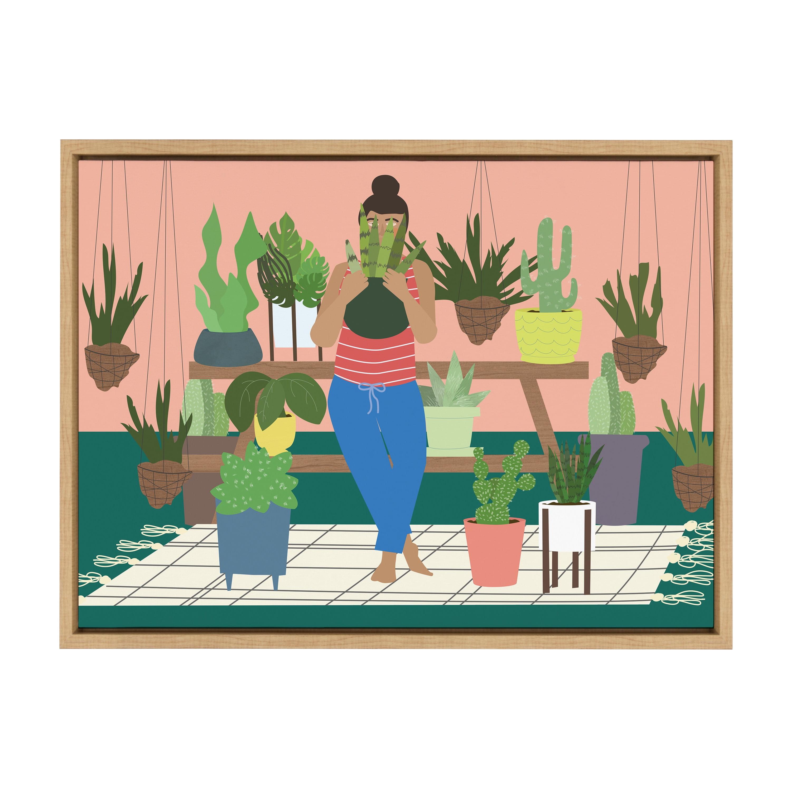 Kate & Laurel All Things Decor 18" x 24" Sylvie Plant Lady Framed Canvas by Queenbe Monyei Natural : Modern Style, Digital Nature Art