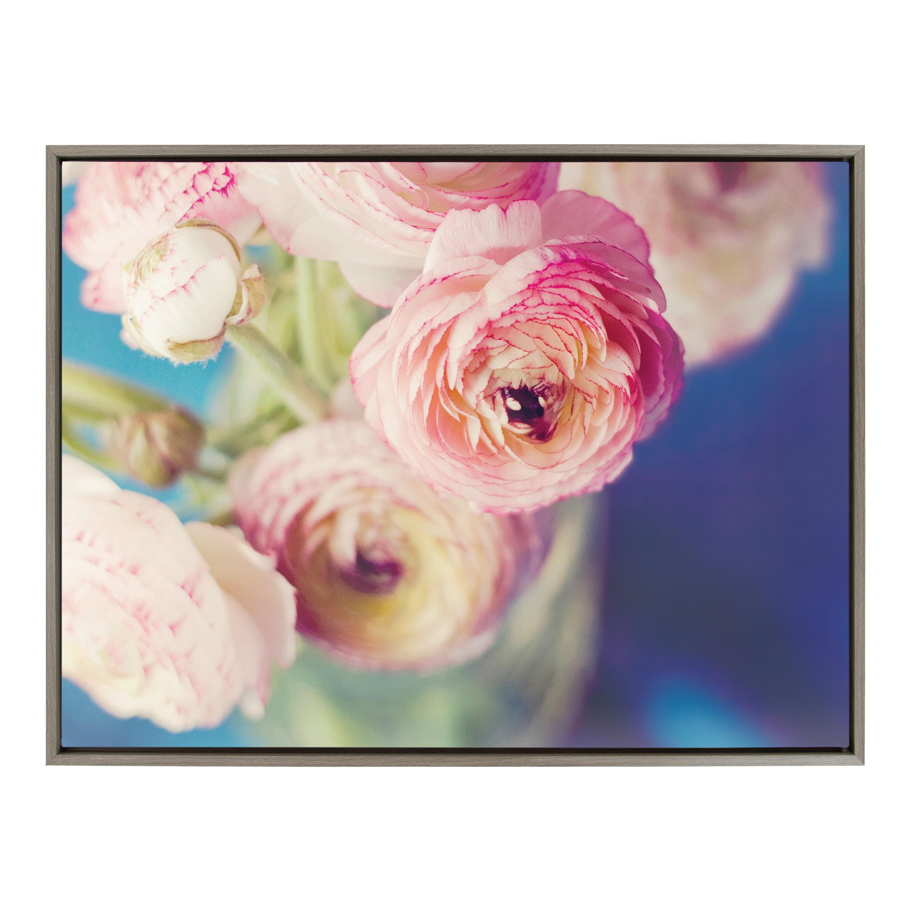 28"x38" Sylvie Ranunculus in Blue by Kristybee Framed Wall Canvas Gray - Kate & Laurel All Things Decor: Modern Botanical Digital Art