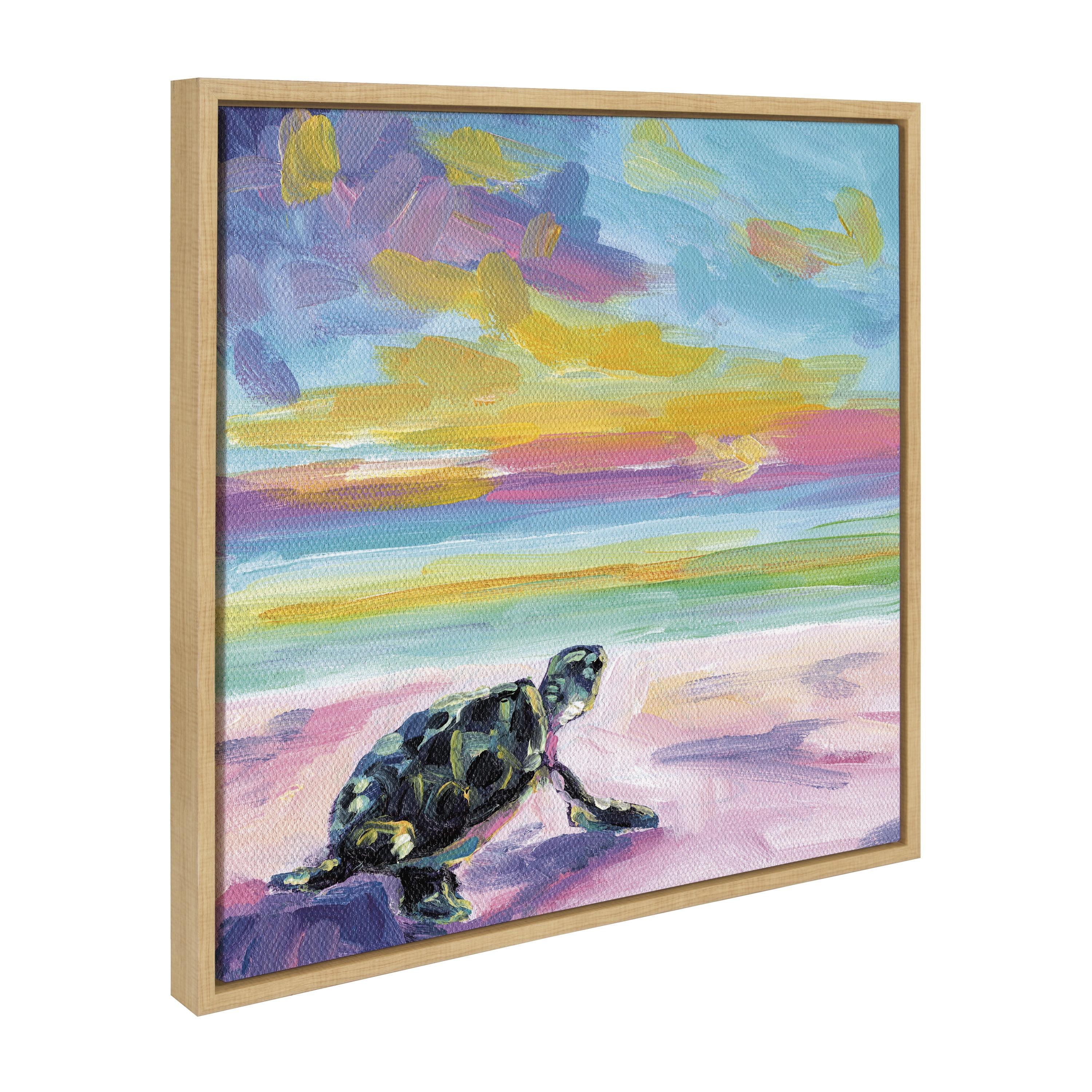 Kate and Laurel Sylvie Sunset Sea Turtle Framed Canvas by Rachel Christopoulos, 22x22, Natural