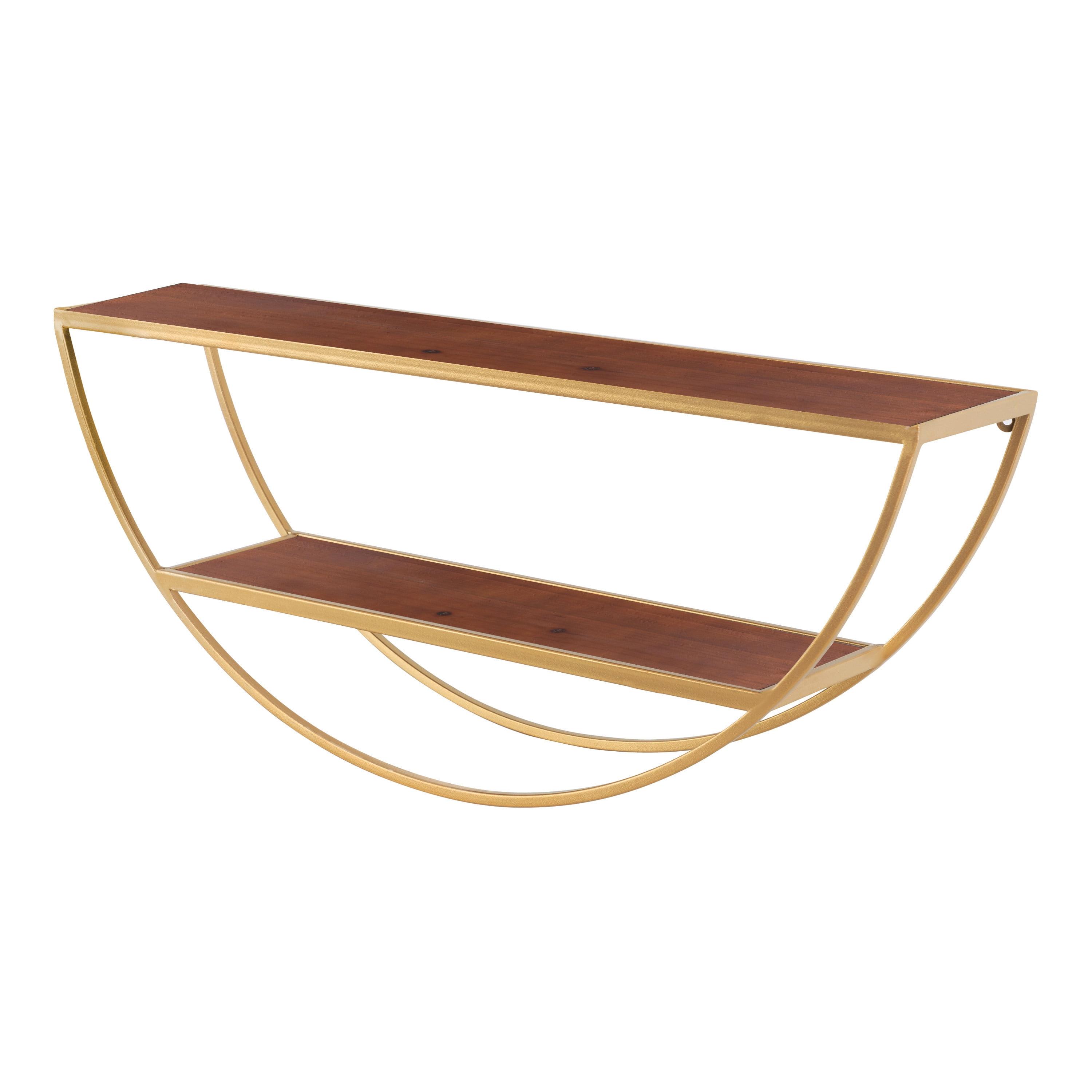 Walnut Brown and Gold Half-Moon Floating Wall Shelf