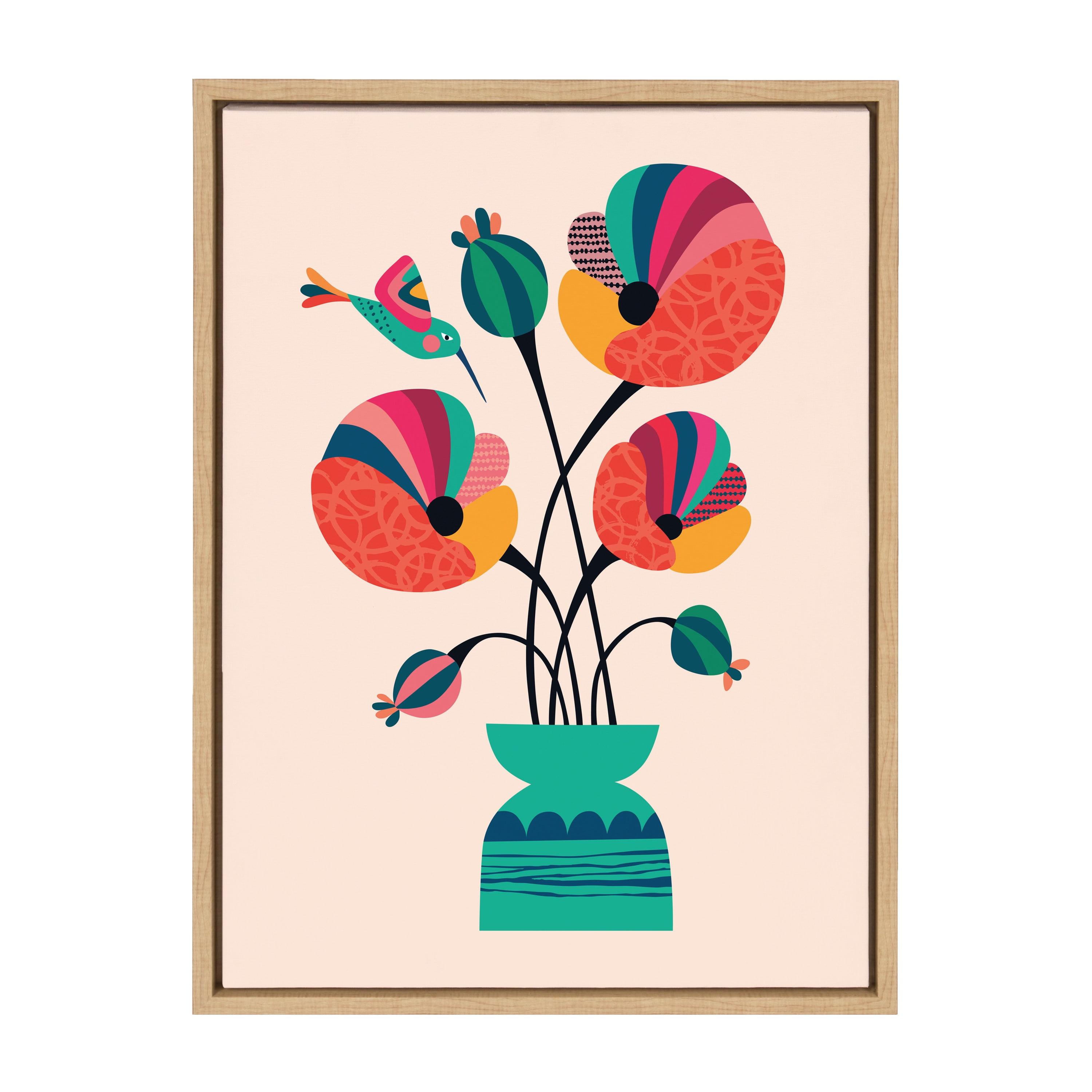 Mid-Century Modern Multicolor Floral Canvas Print with Natural Frame