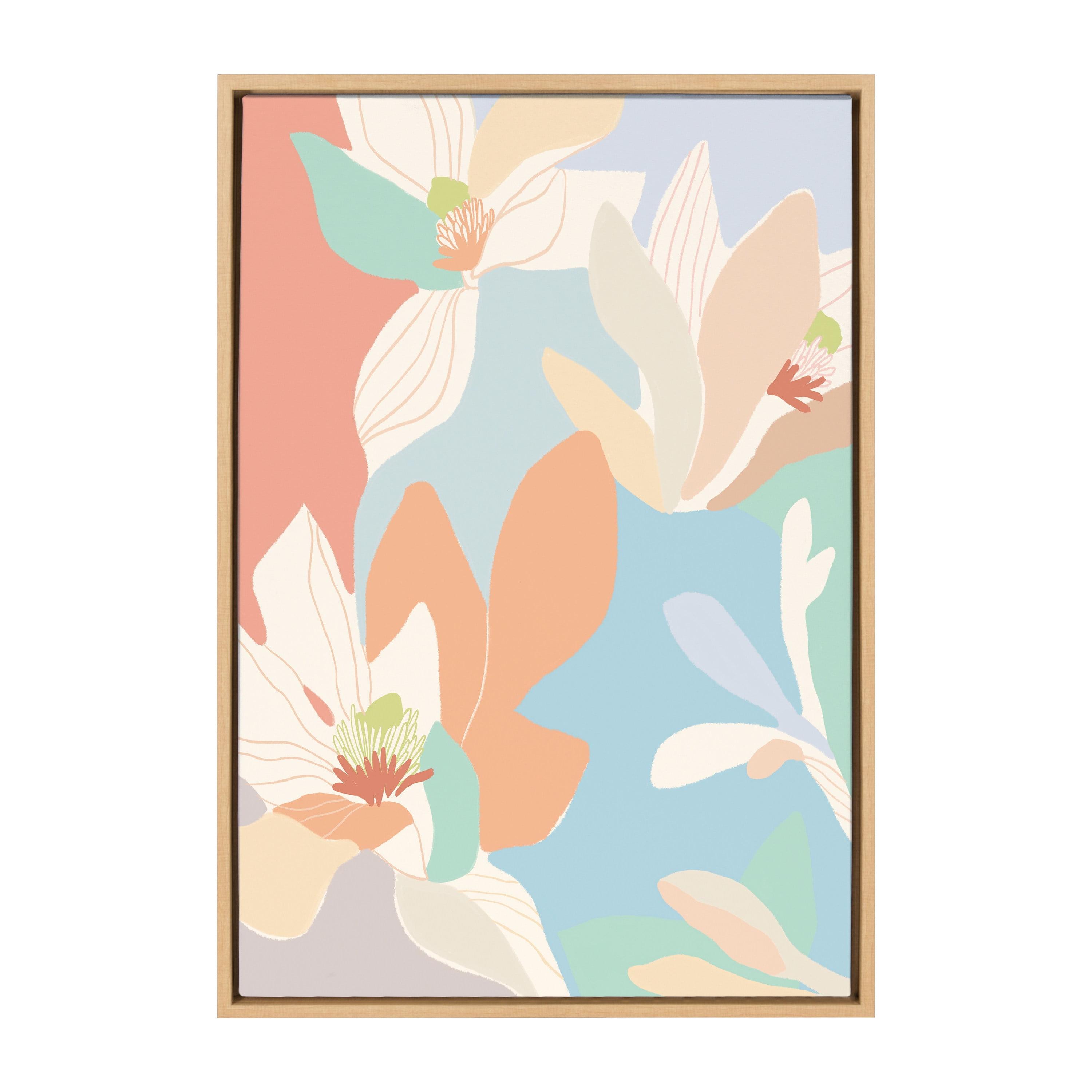 Spring Magnolia Pastel Floral Canvas Print with Natural Frame