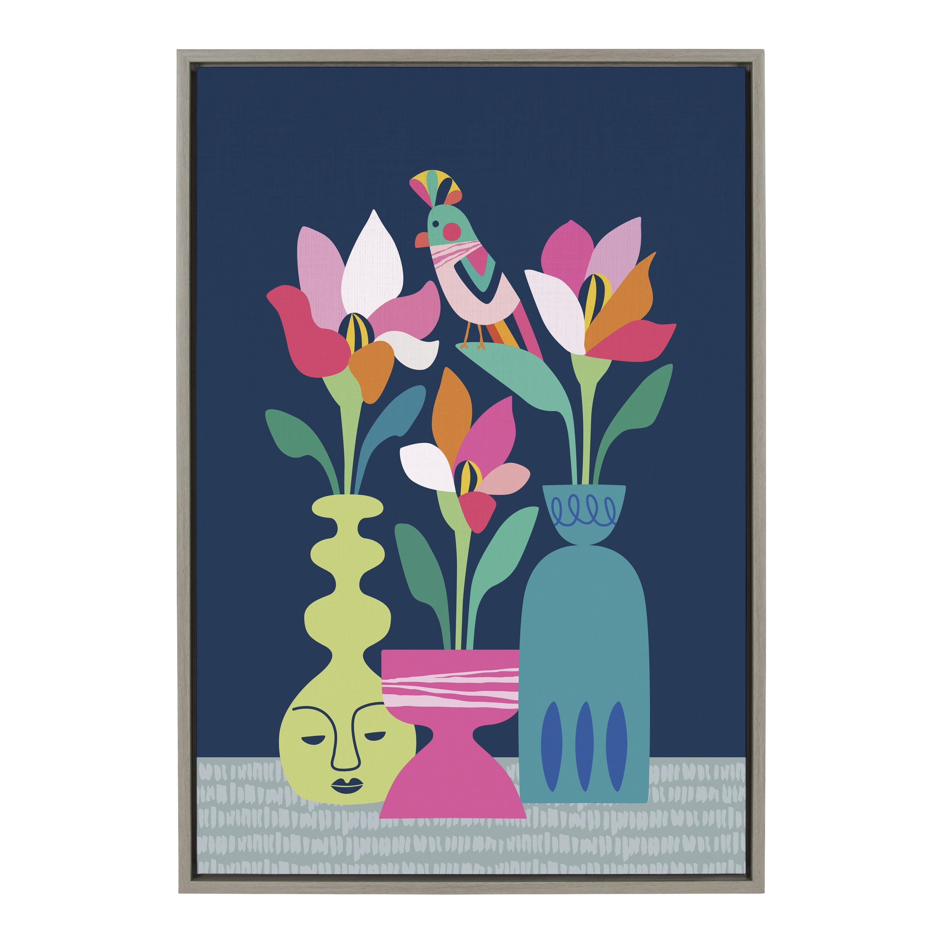 Mid Century Modern Multicolor Floral Canvas Print with Gray Frame