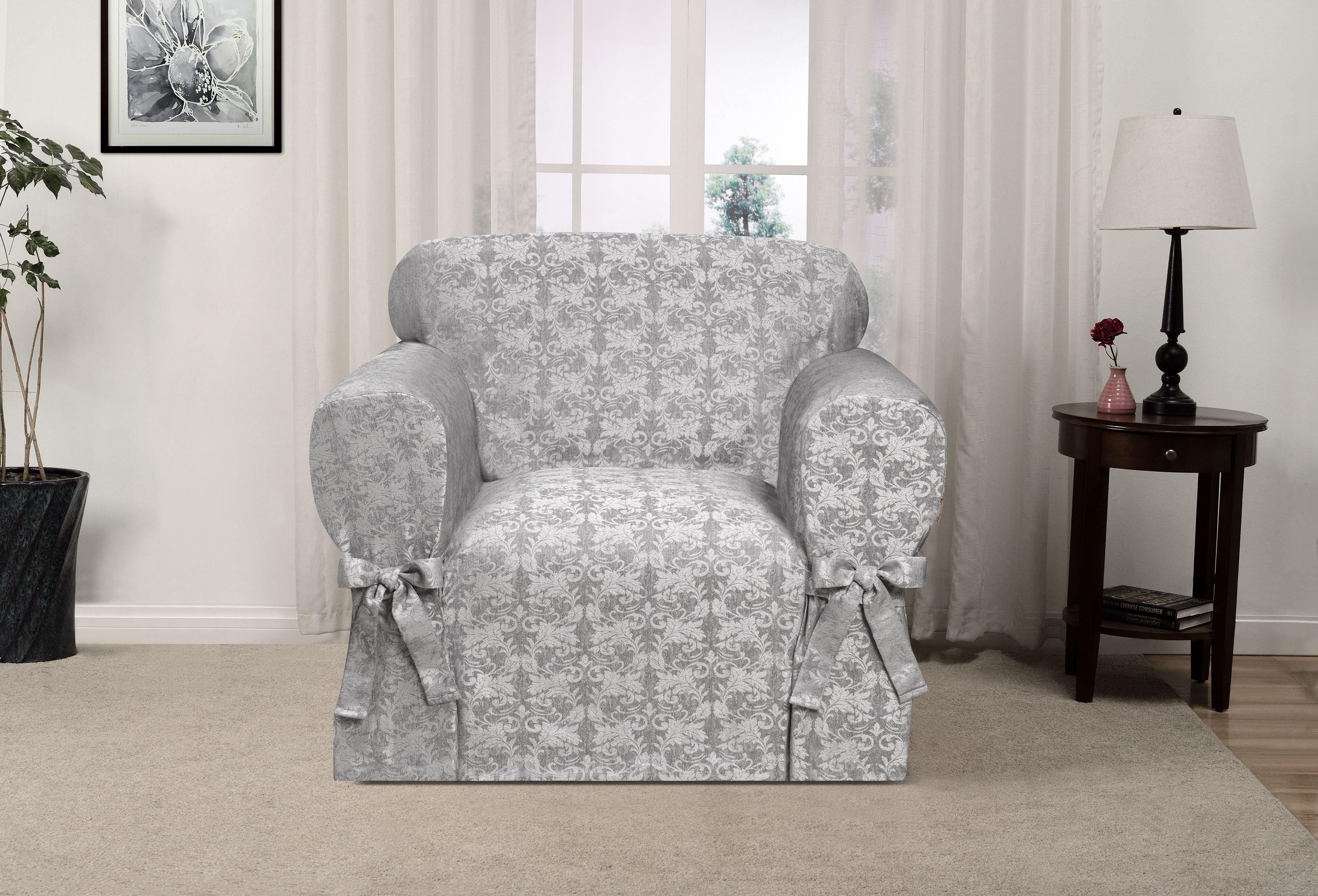 Gray Floral T-Cushion Slipcover Chair