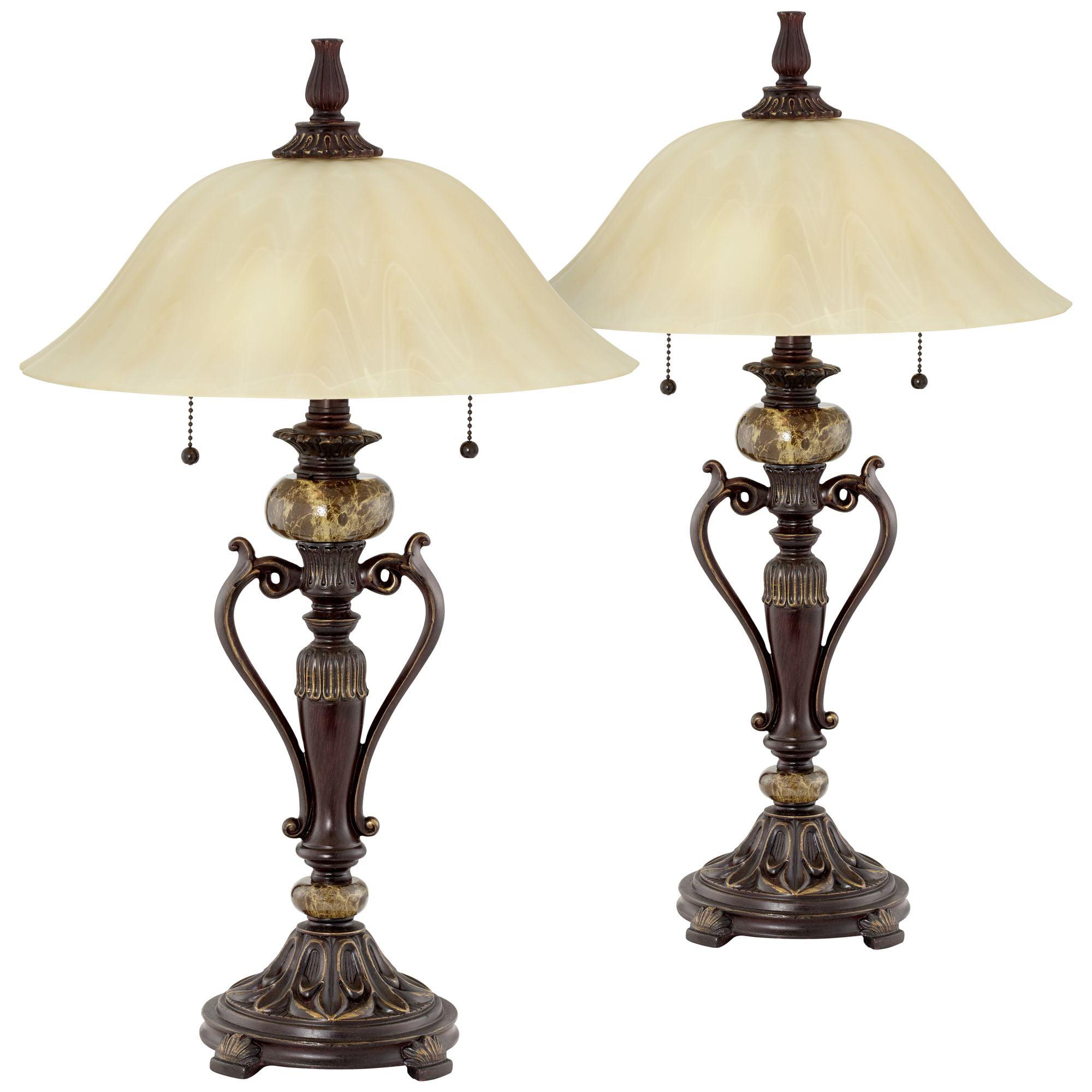 Bronze Alabaster Glass Shade Traditional Table Lamp Set