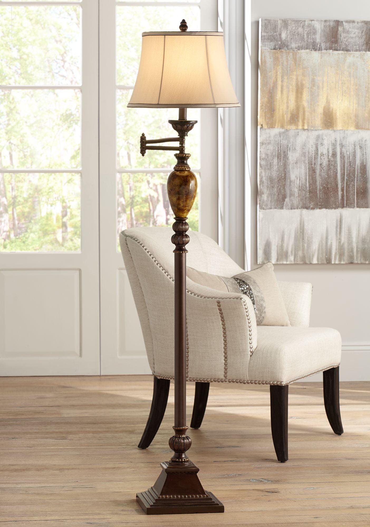 Bronze Adjustable Swing Arm Floor Lamp with Faux Silk Shade