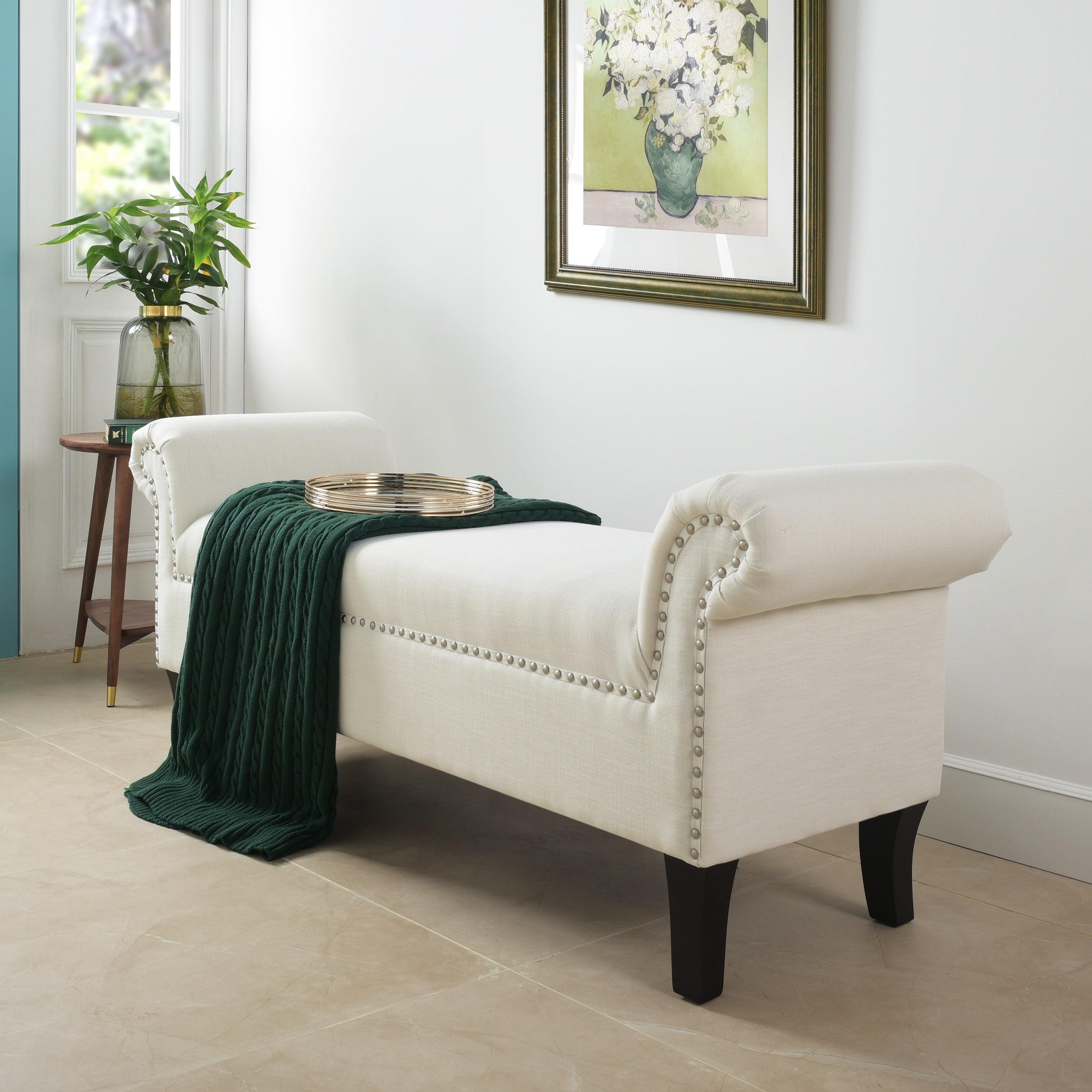 Bright White Chenille Roll Arm Bedroom Bench with Birch Frame