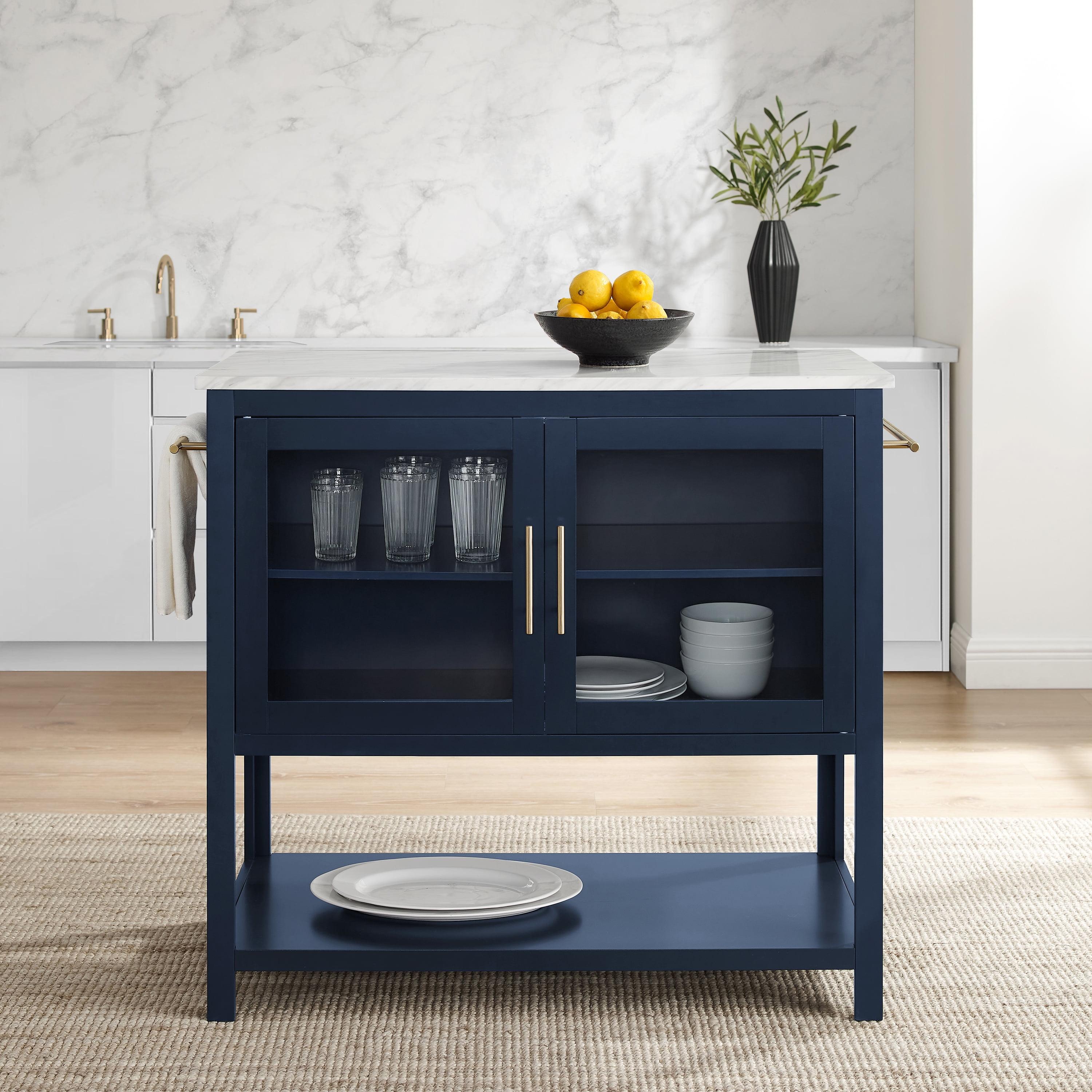 Navy Kitchen Island with Faux Marble Top and Glass Doors