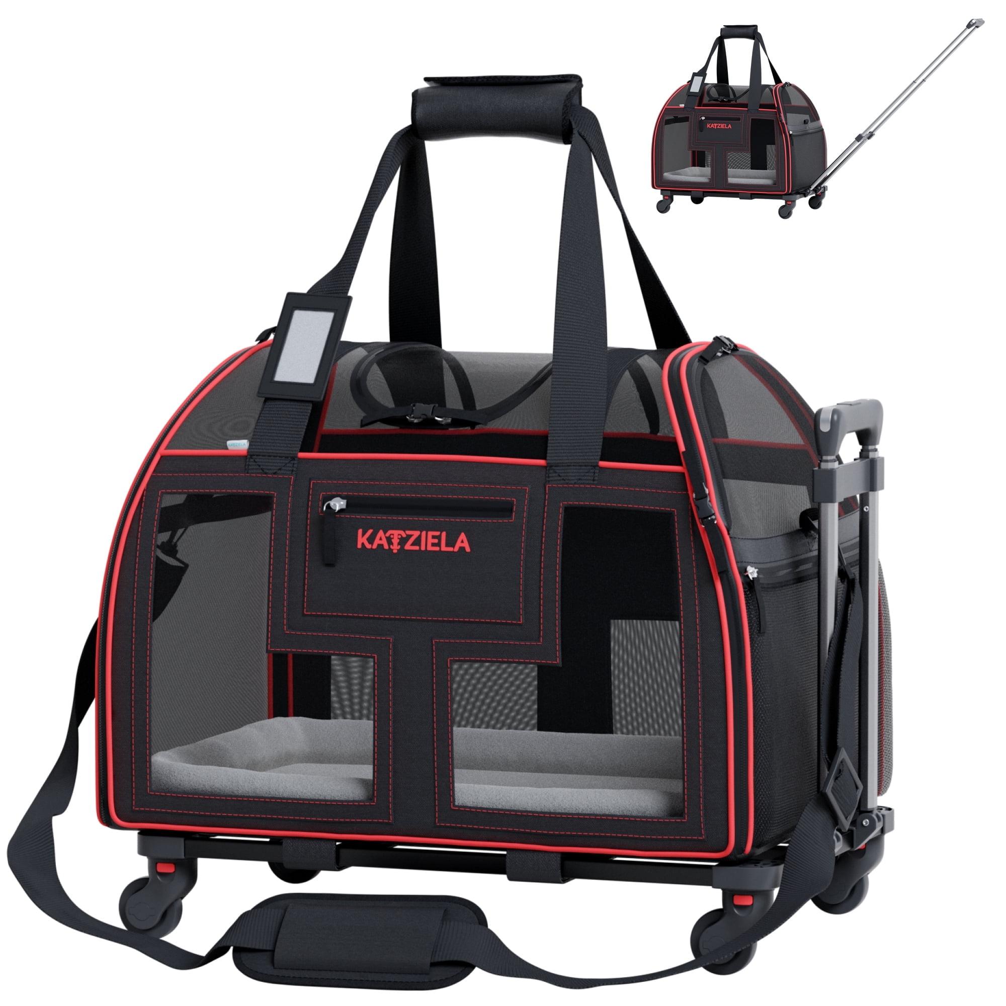 Black and Red Rolling Pet Carrier with Telescopic Handle