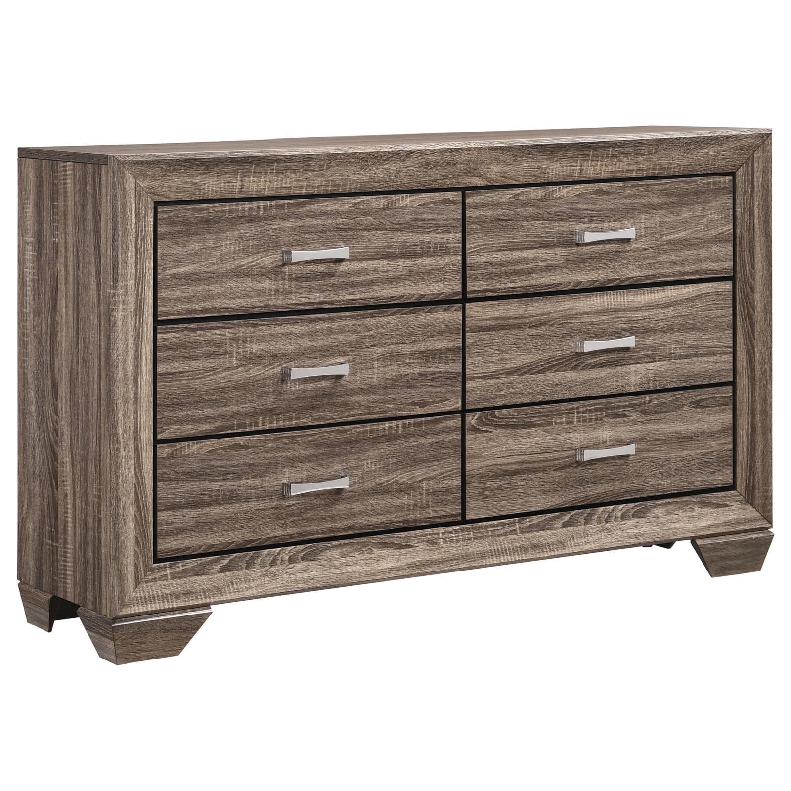 Transitional Mid-Century 6-Drawer Dresser in Washed Taupe with Chrome Handles