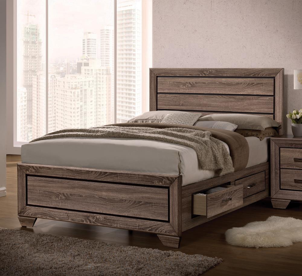 Transitional King-Sized Storage Bed with Dual Drawers in Washed Taupe