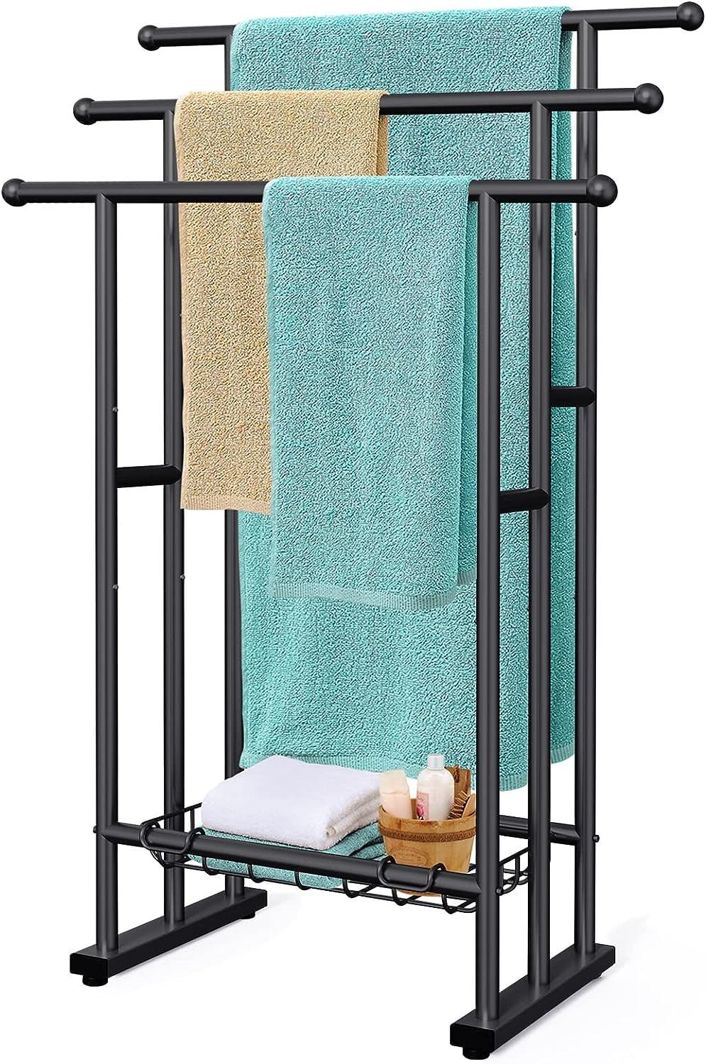 40" High Black 3 Tier Free Standing Towel Rack with Basket - Alloy Steel Stand for Drying & Displaying Oversized Bath Towels in Bathroom, Next to Tub or Shower