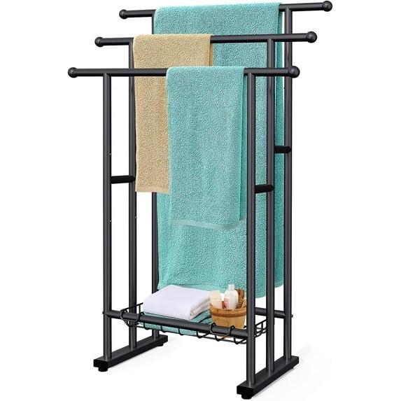40" High Black 3 Tier Free Standing Towel Rack with Basket - Alloy Steel Stand for Drying & Displaying Oversized Bath Towels in Bathroom, Next to Tub or Shower